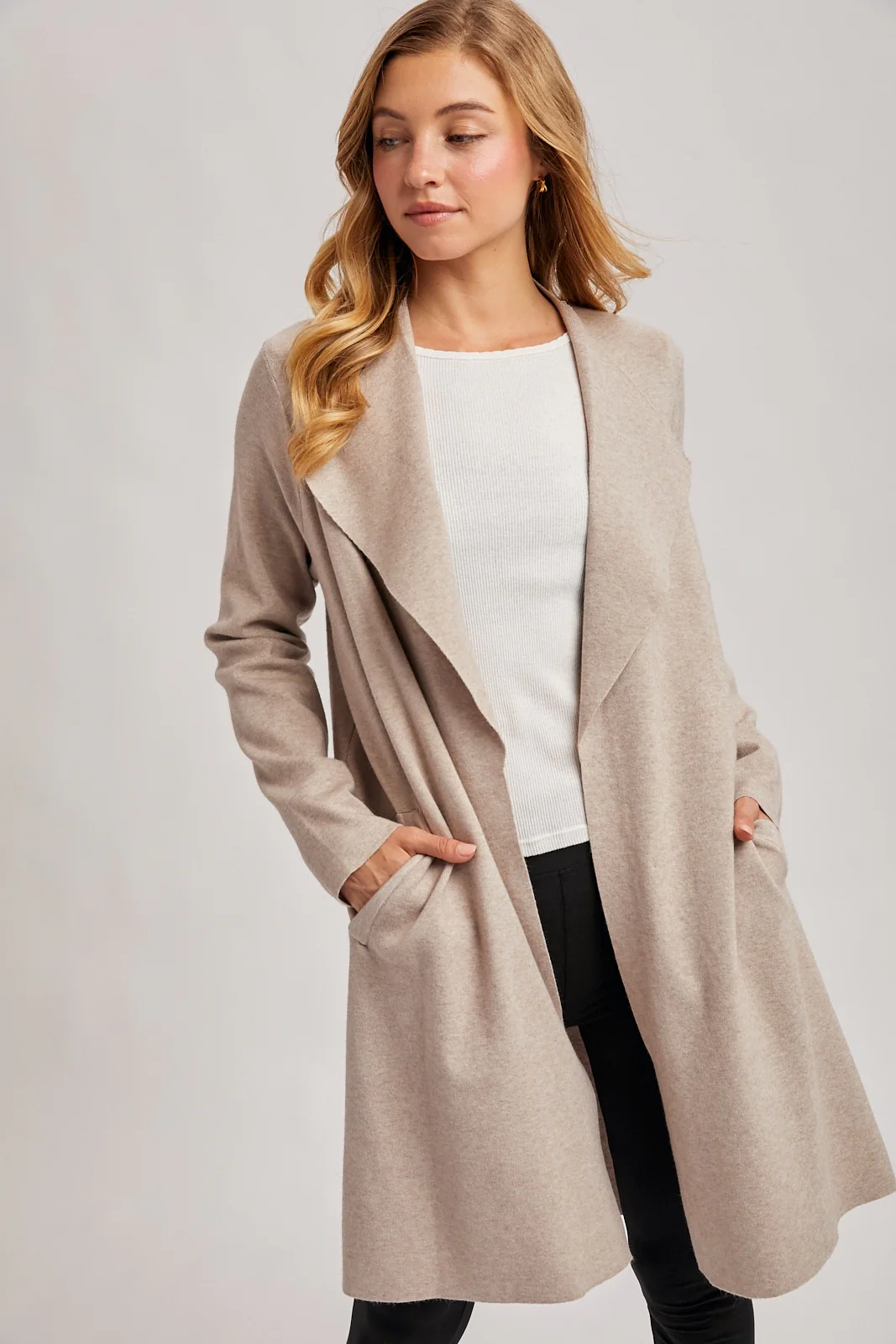 Oatmeal Knit Open Front Long Cardigan - Image 2