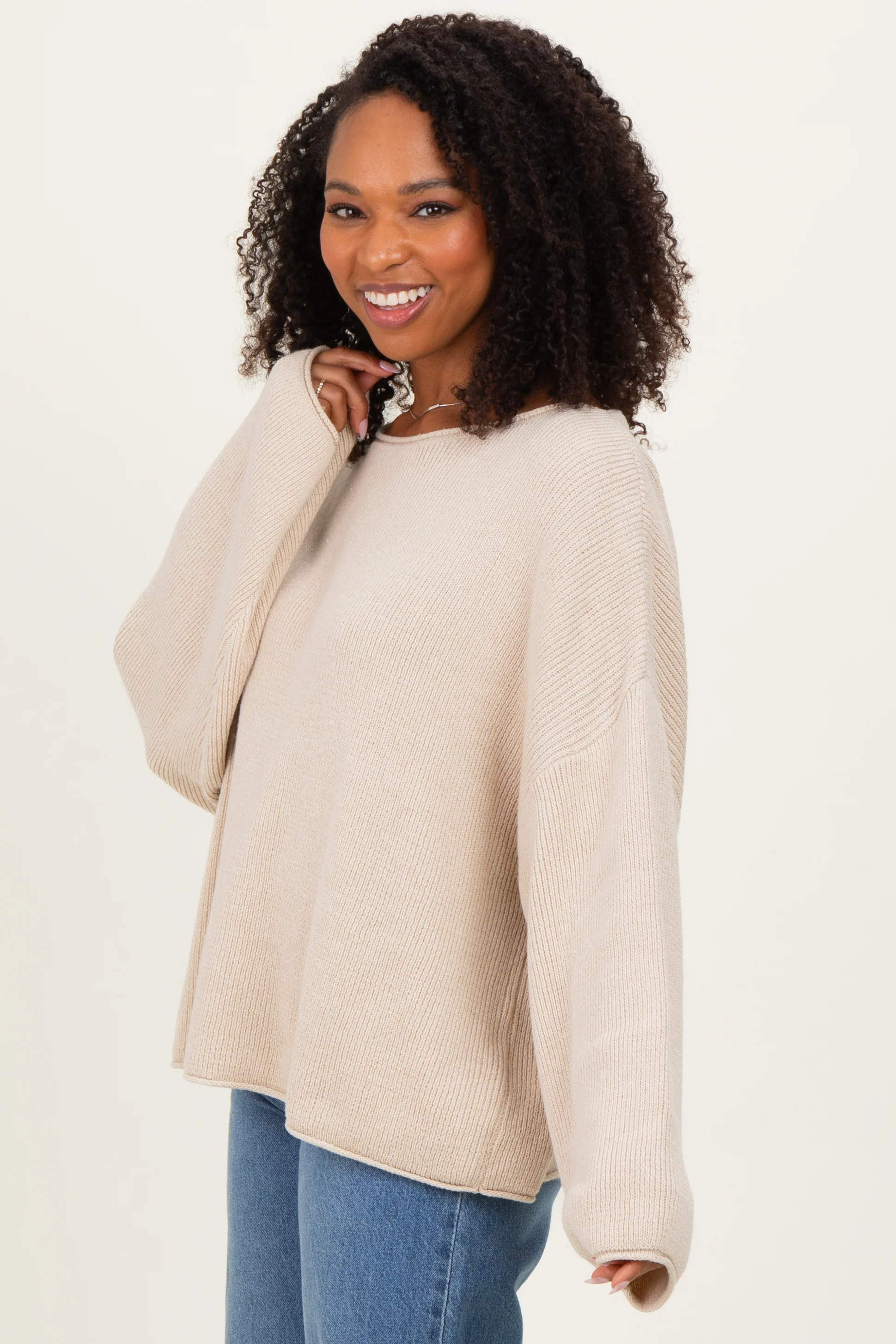 Oatmeal Oversized Boatneck Maternity Sweater - Image 4