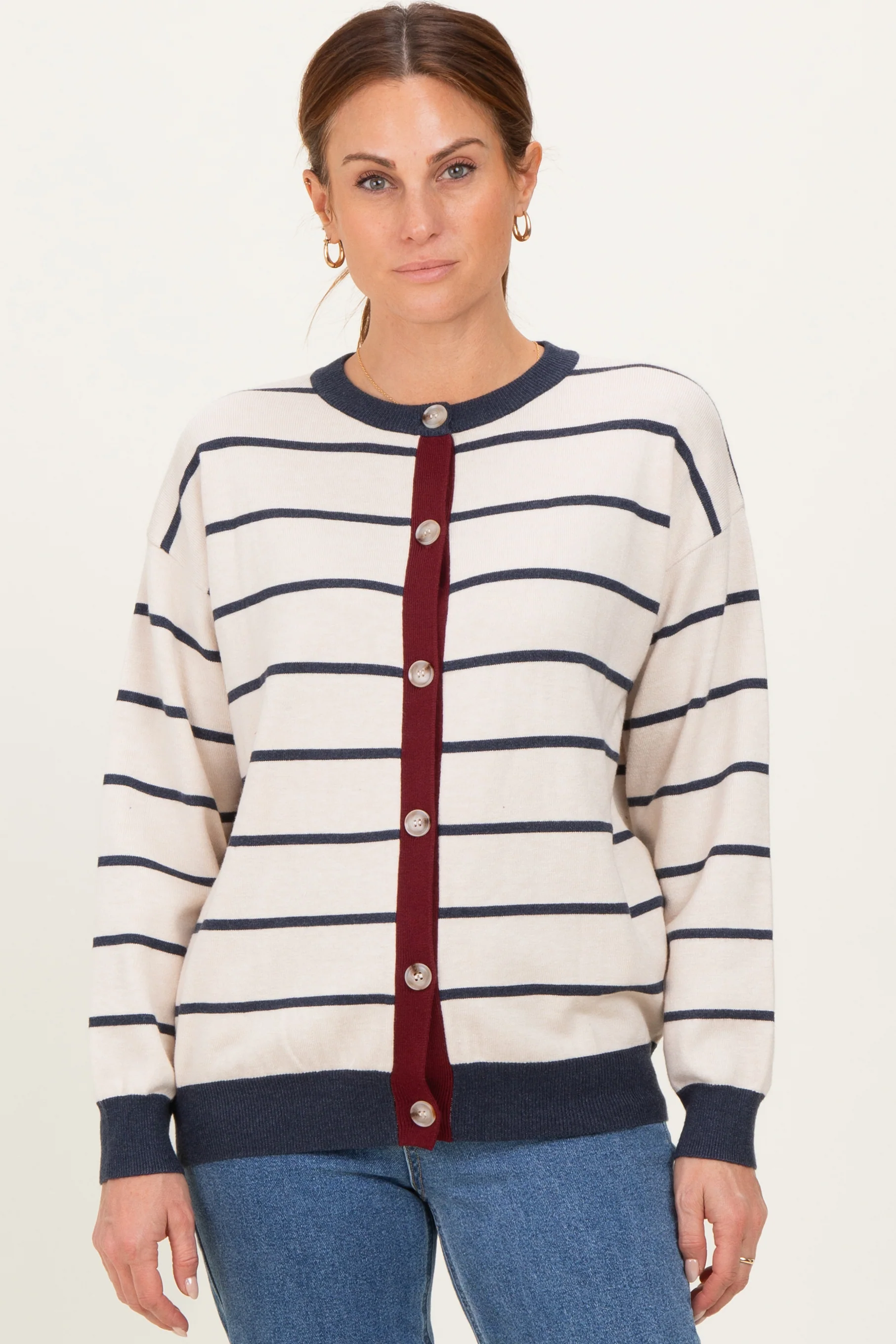 Oatmeal Striped Relaxed Fit Button Maternity Cardigan - Image 5