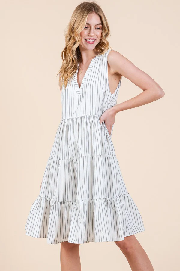 Off White Vertical Striped V Neck Sleeveless Midi Dress - Image 2