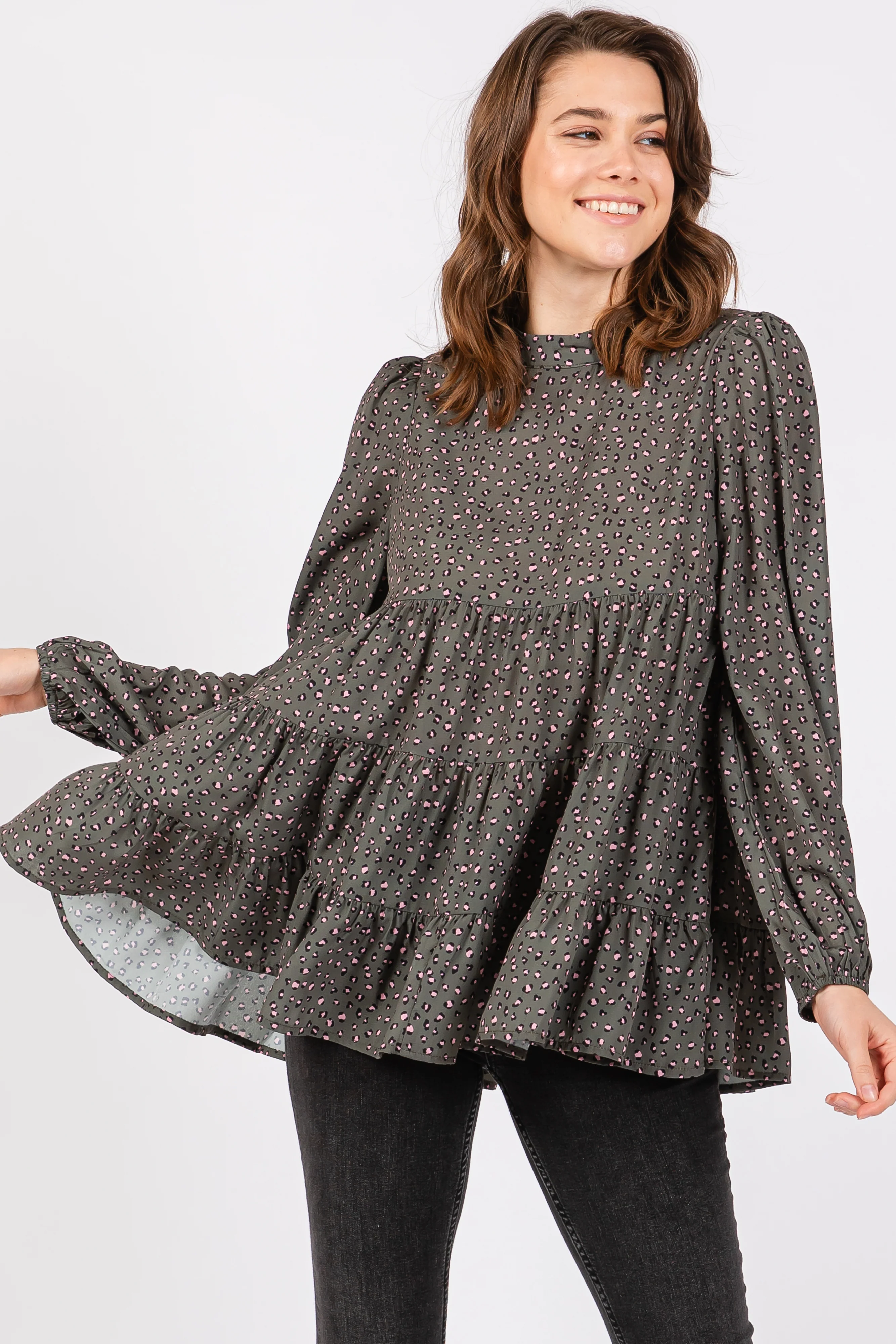 Olive Animal Print Mock Neck Tiered Maternity Top - Image 5