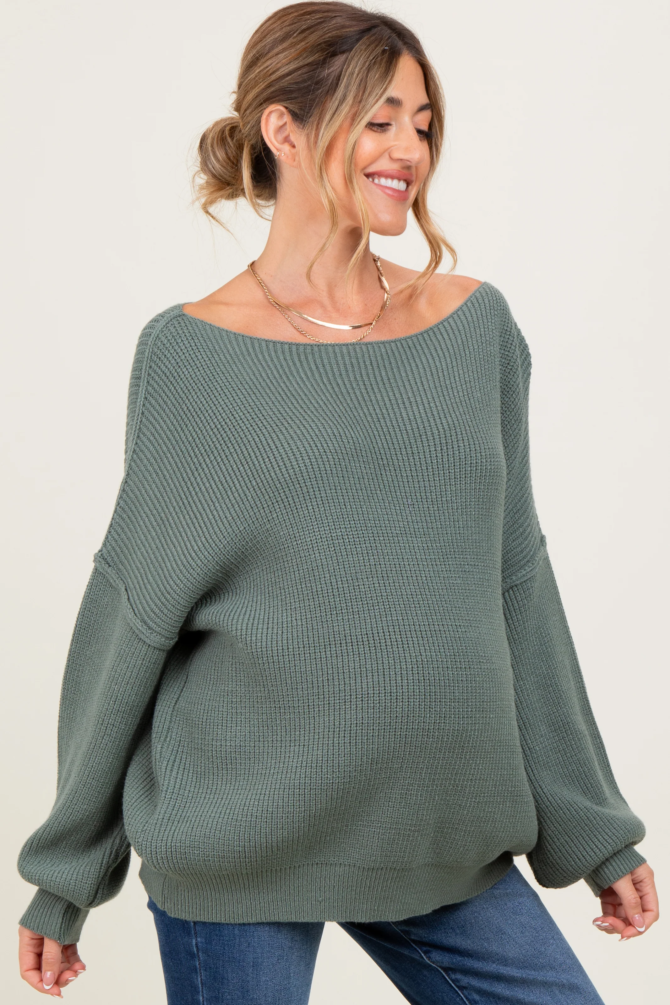 Olive Balloon Sleeve Boat Neck Knit Maternity Sweater - Image 3
