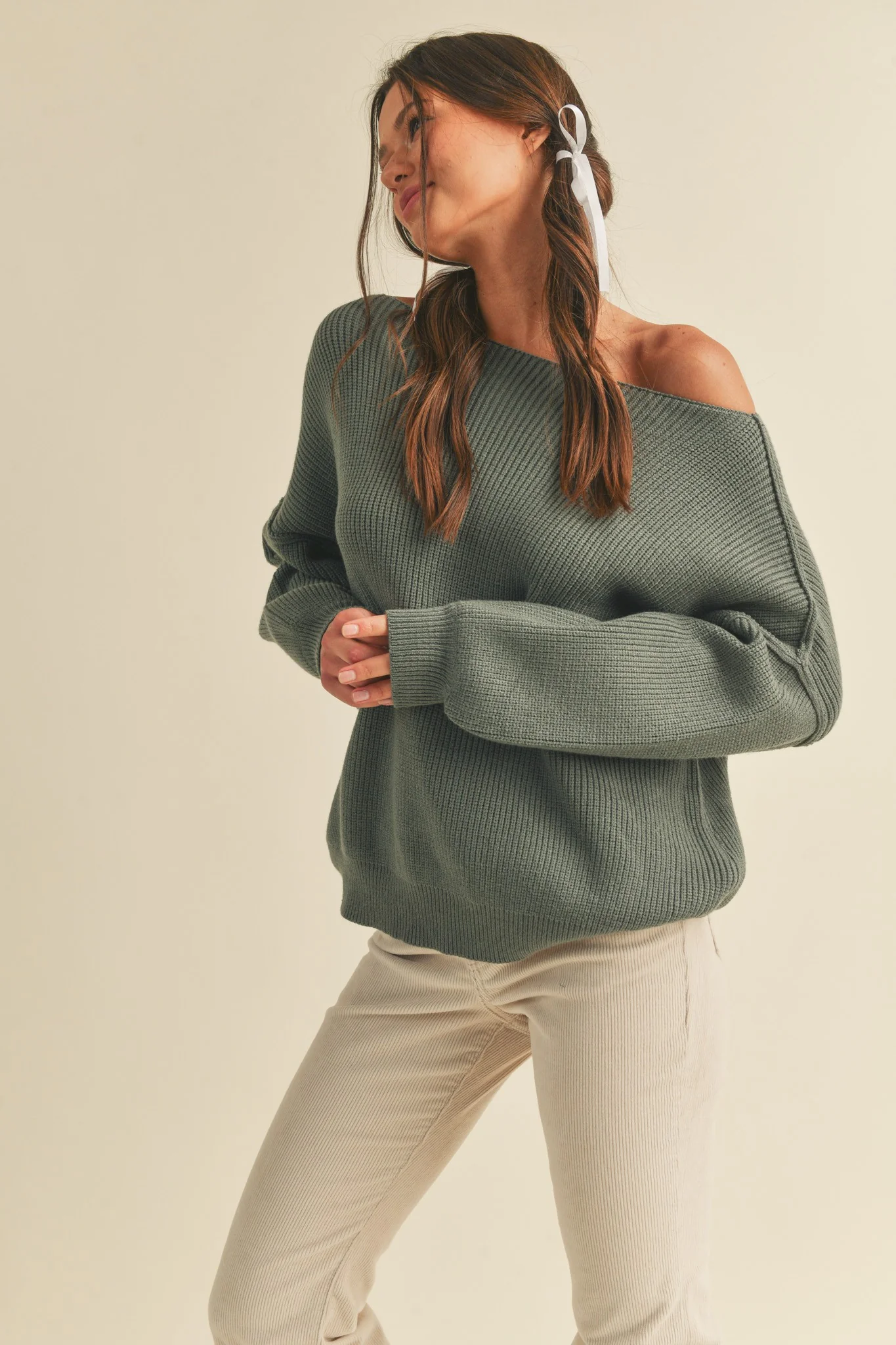 Olive Balloon Sleeve Boat Neck Knit Maternity Sweater - Image 5