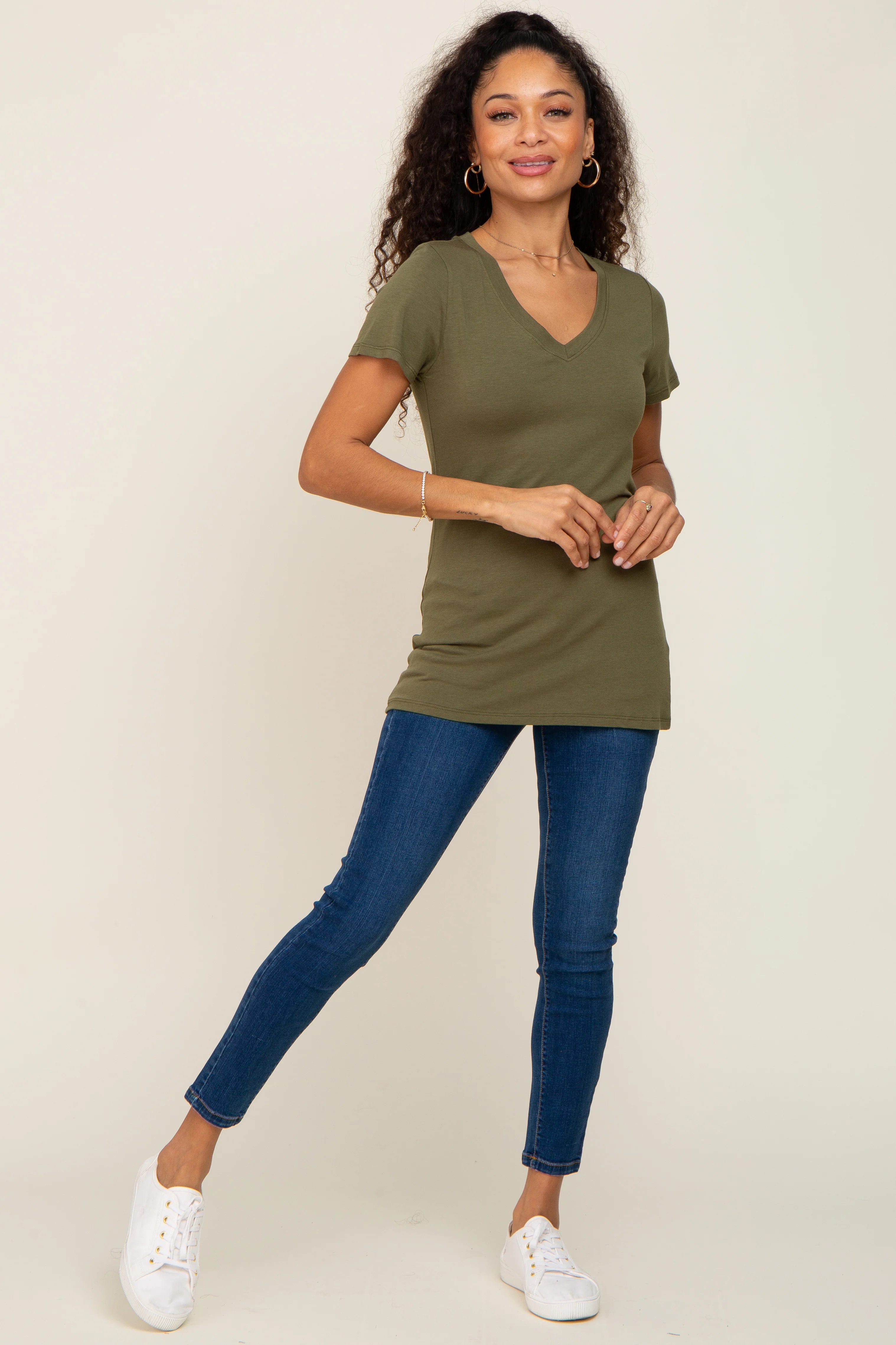 Olive Basic V-Neck Tee - Image 4