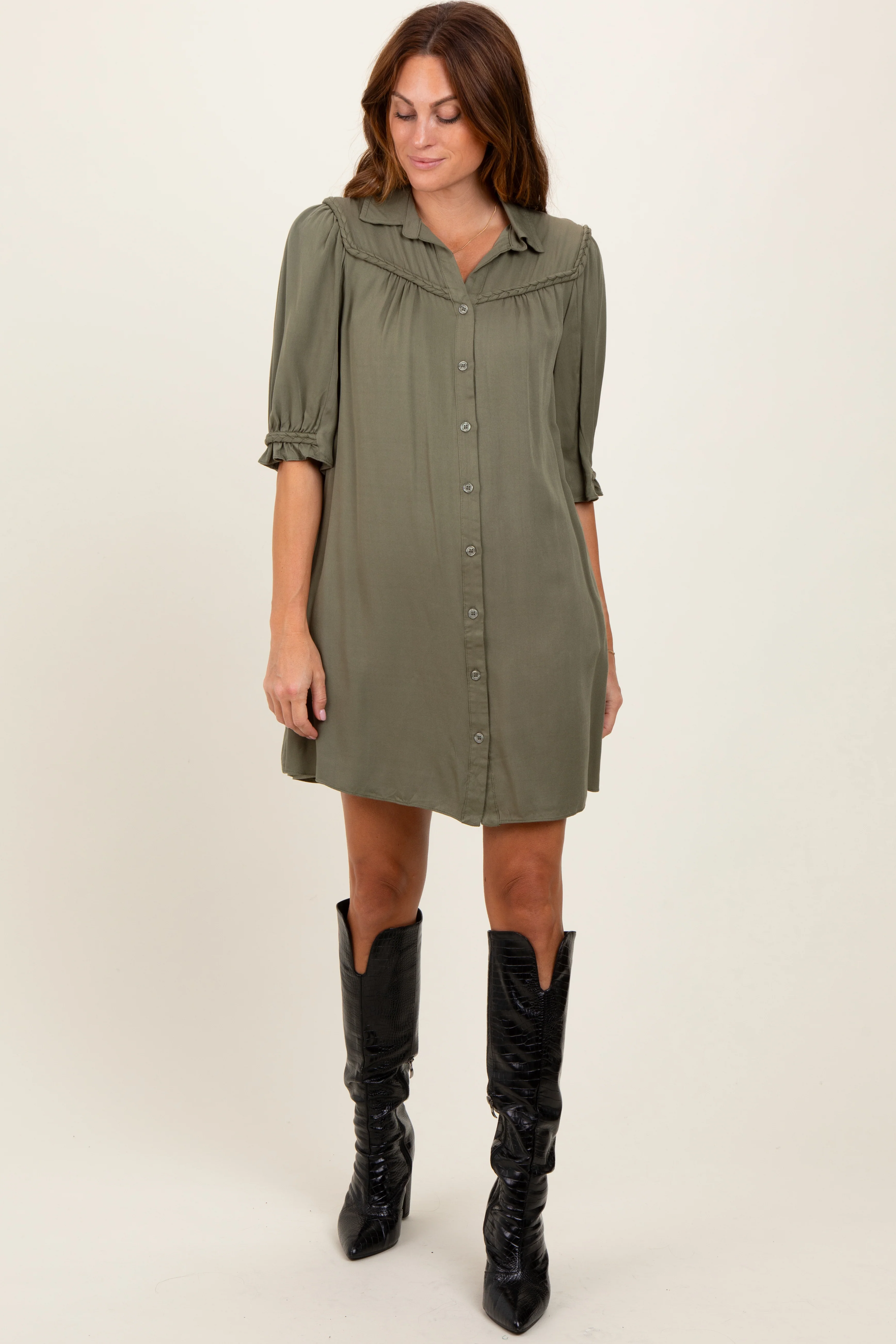 Olive Braided Trim Detail Button Down Maternity Dress - Image 5