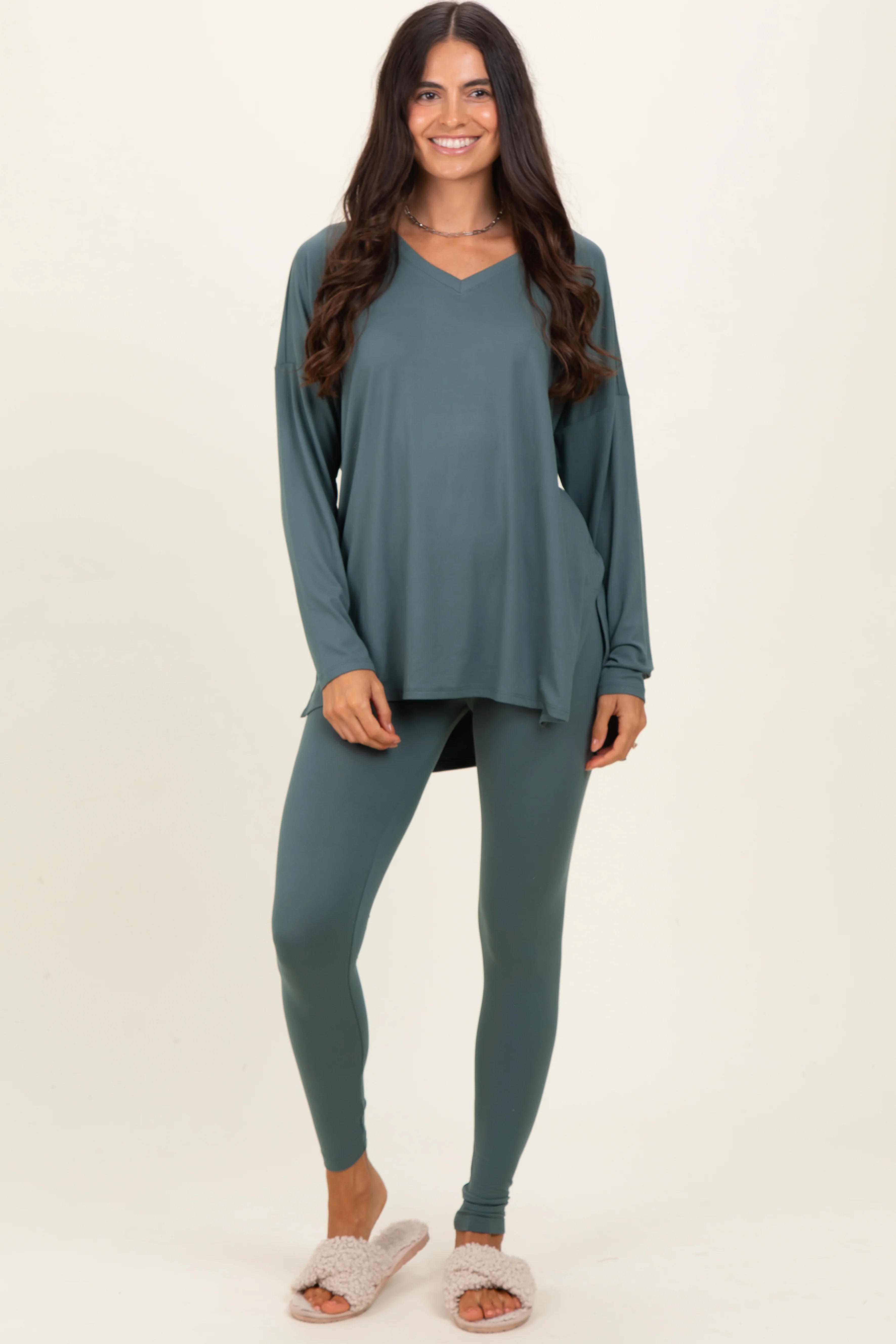 Olive Brushed Knit Maternity Oversized Top and Legging Set - Image 5