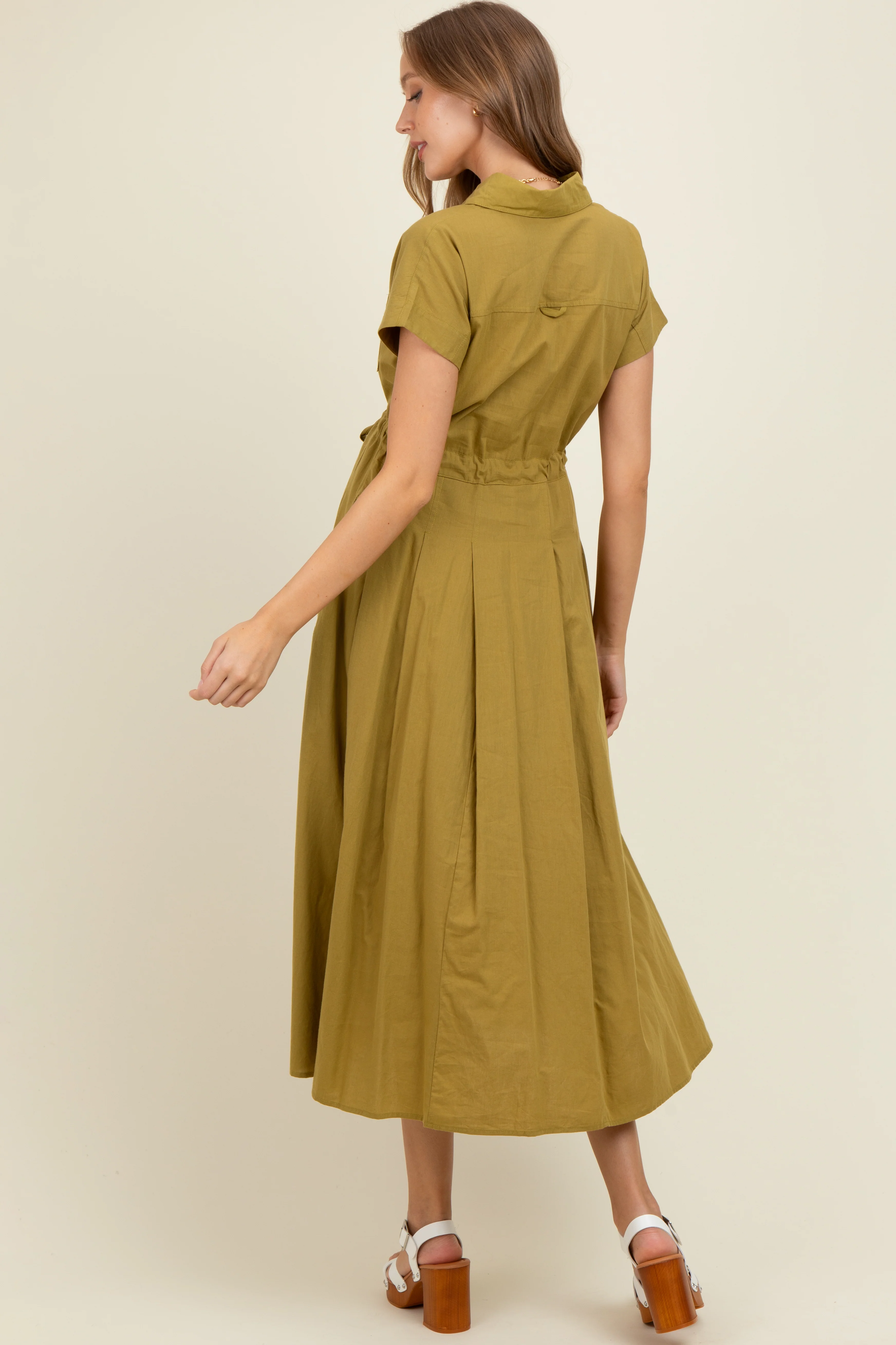 Olive Button Down Shirt Maternity Maxi Dress - Image 4