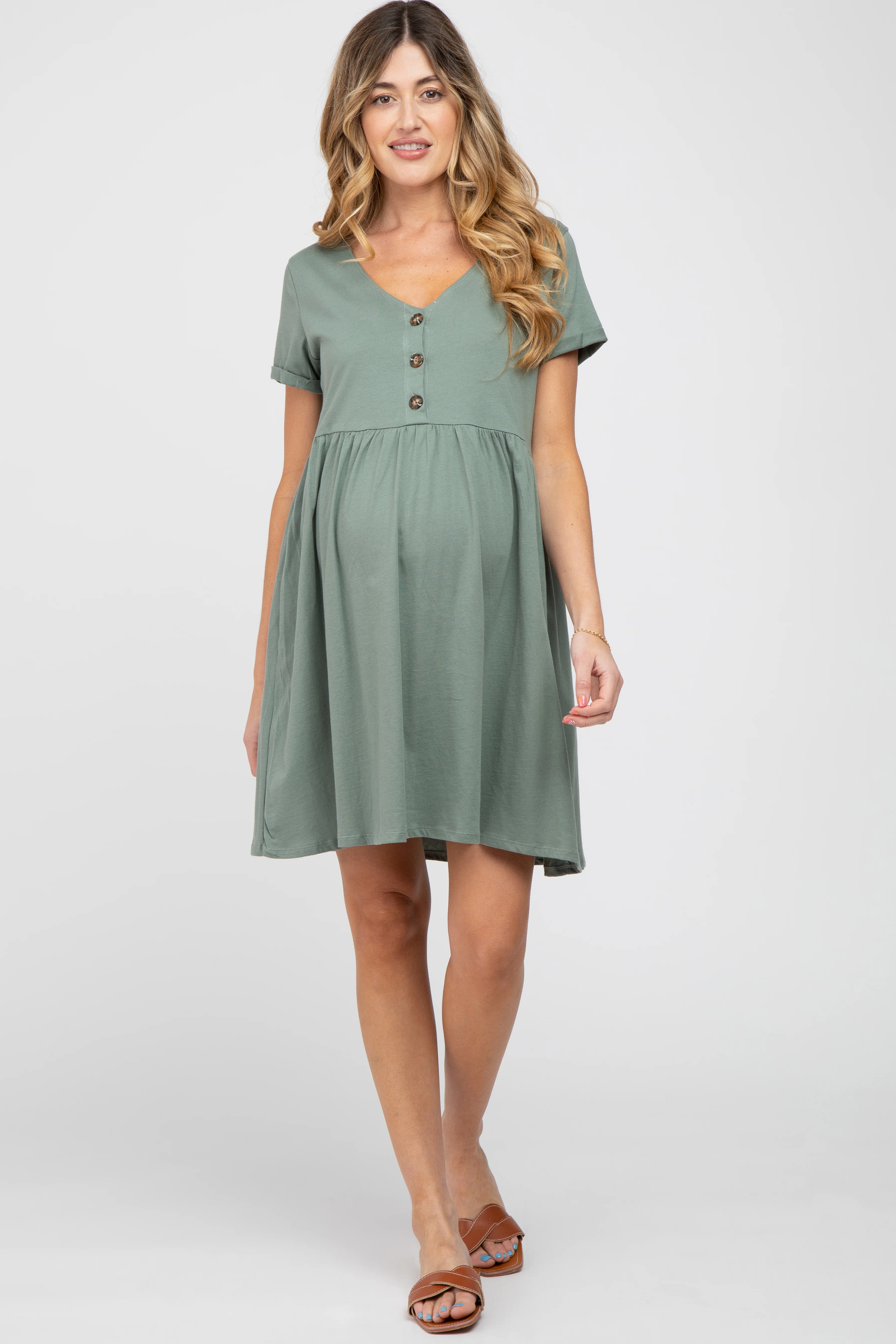 Olive Button Front Basic Maternity Dress - Image 4