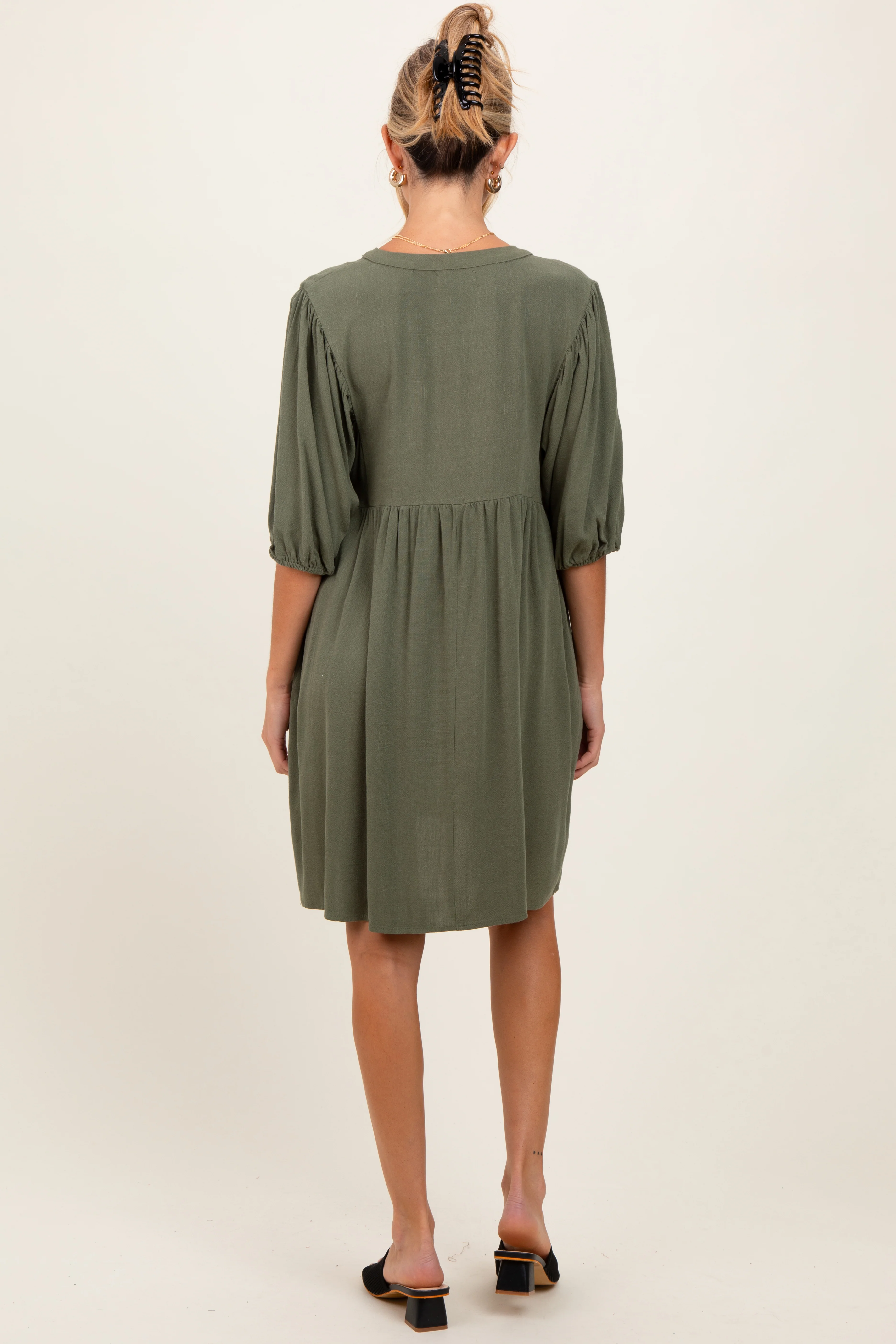 Olive Button Up Split Neck Maternity Dress - Image 3