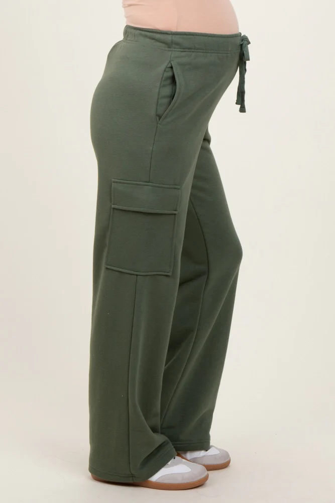 Olive Cargo Pocket Straight Leg Maternity Sweatpants - Image 4
