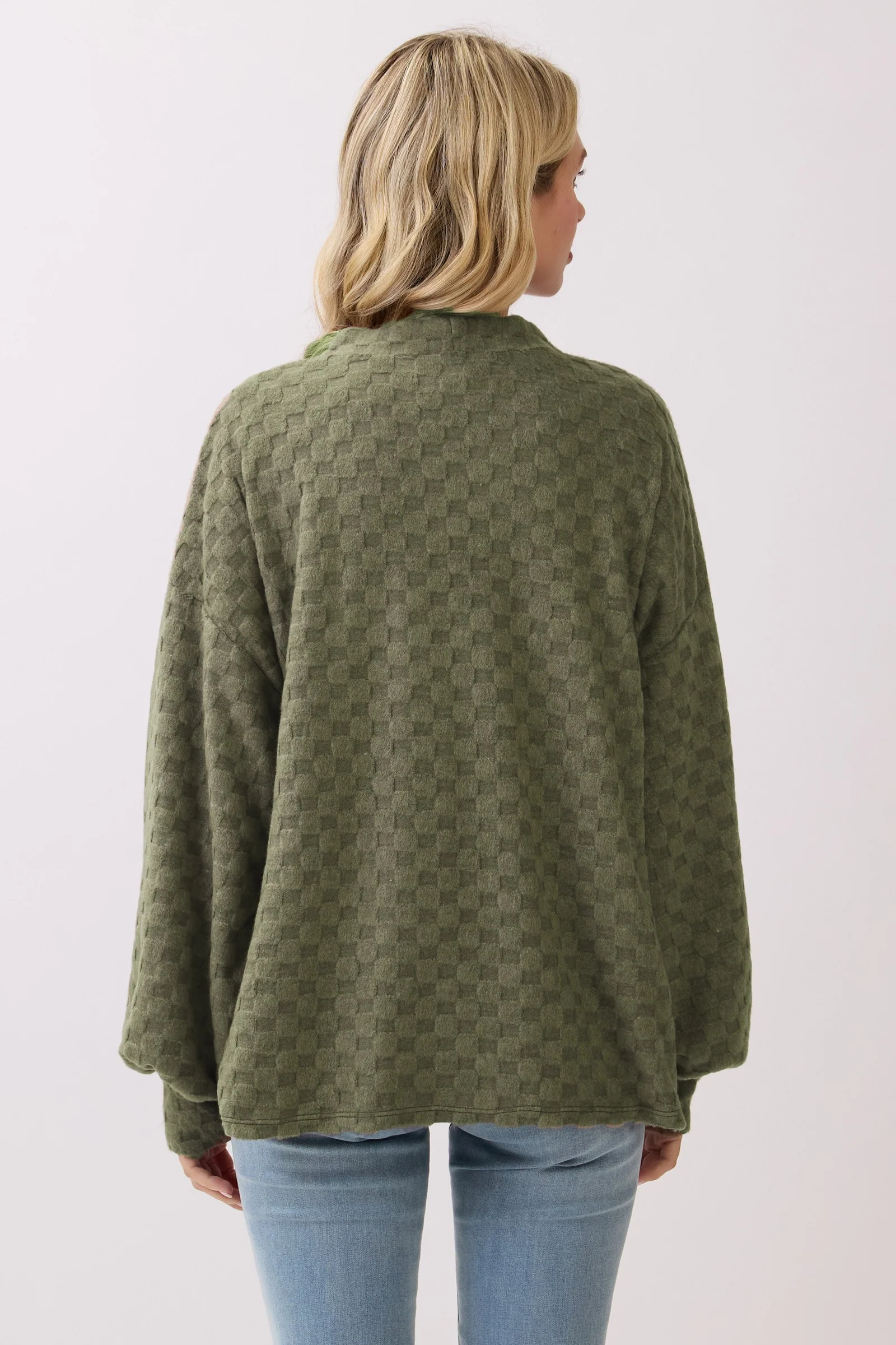 Olive Checkered Knit Button Front Cardigan - Image 3