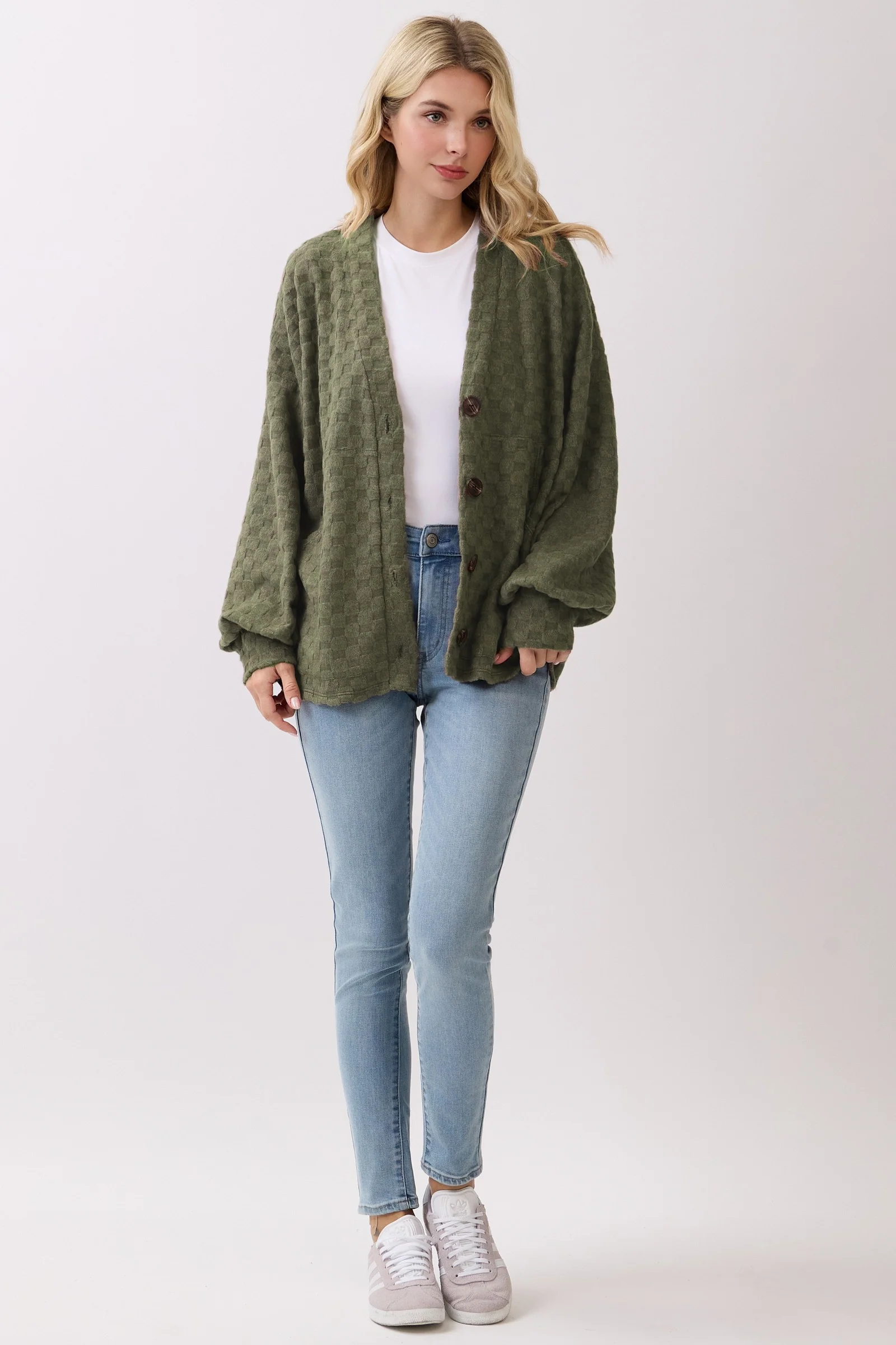 Olive Checkered Knit Button Front Cardigan - Image 4