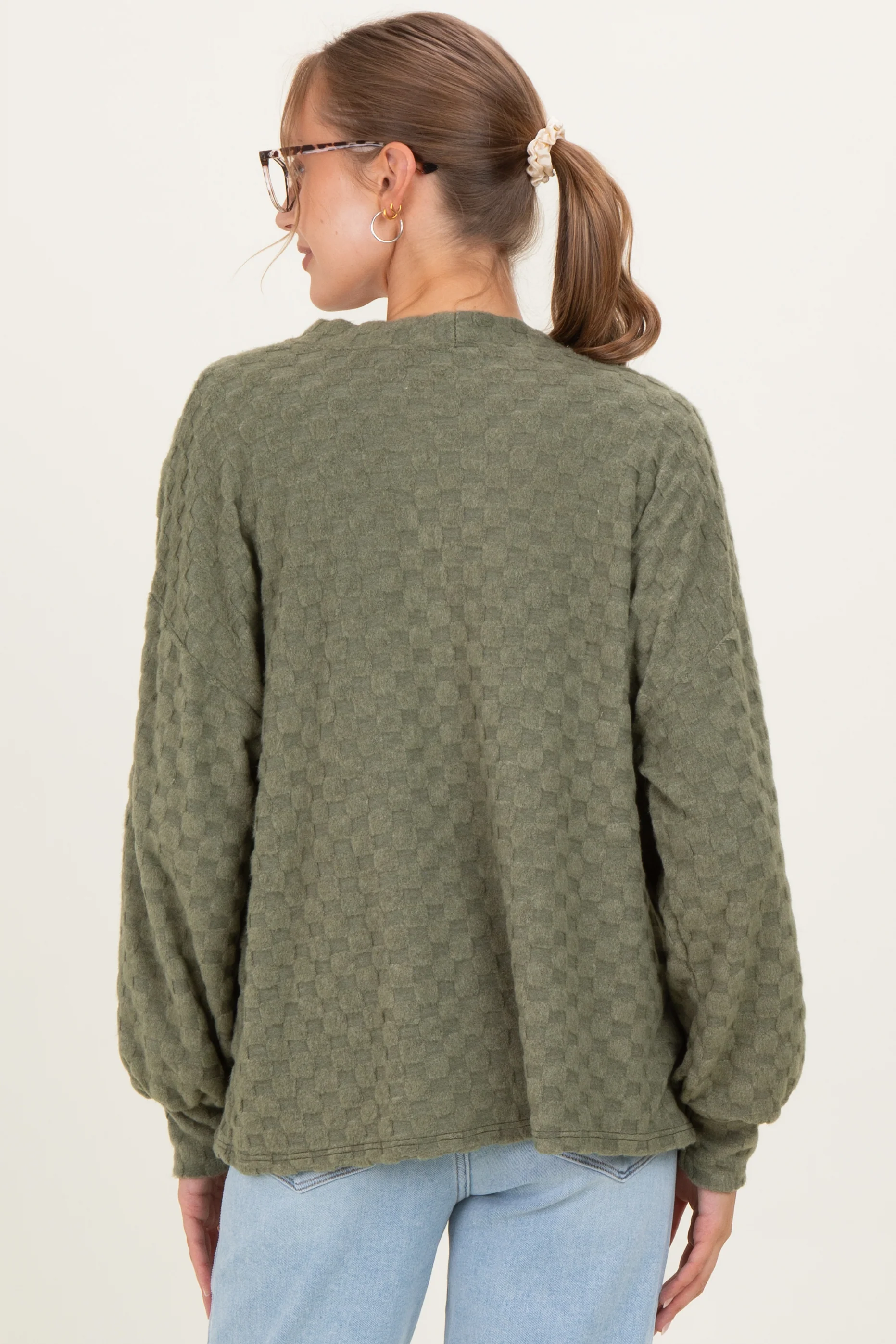 Olive Checkered Knit Button Front Maternity Cardigan - Image 4