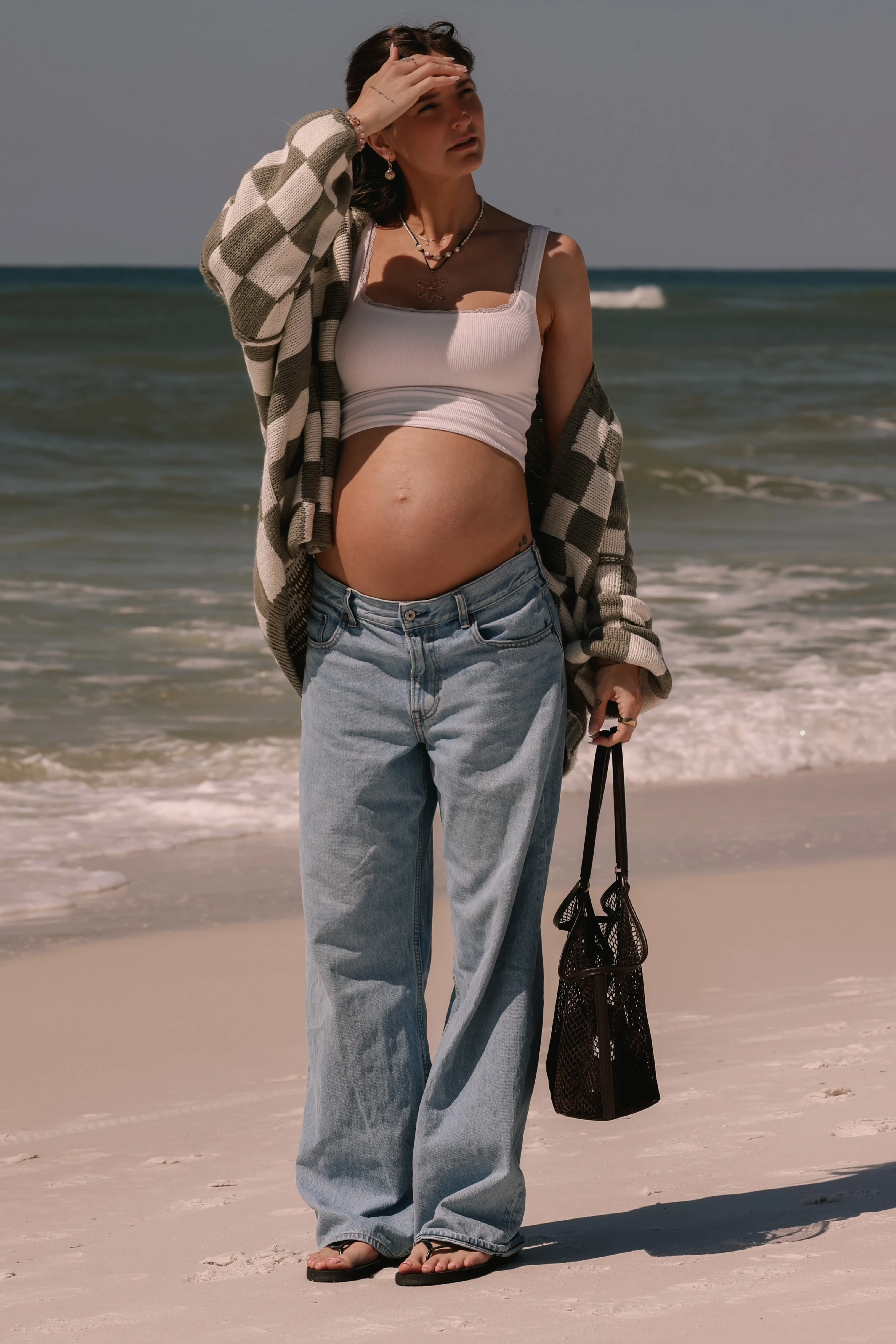Olive Checkered Print Oversized Maternity Cardigan - Image 6