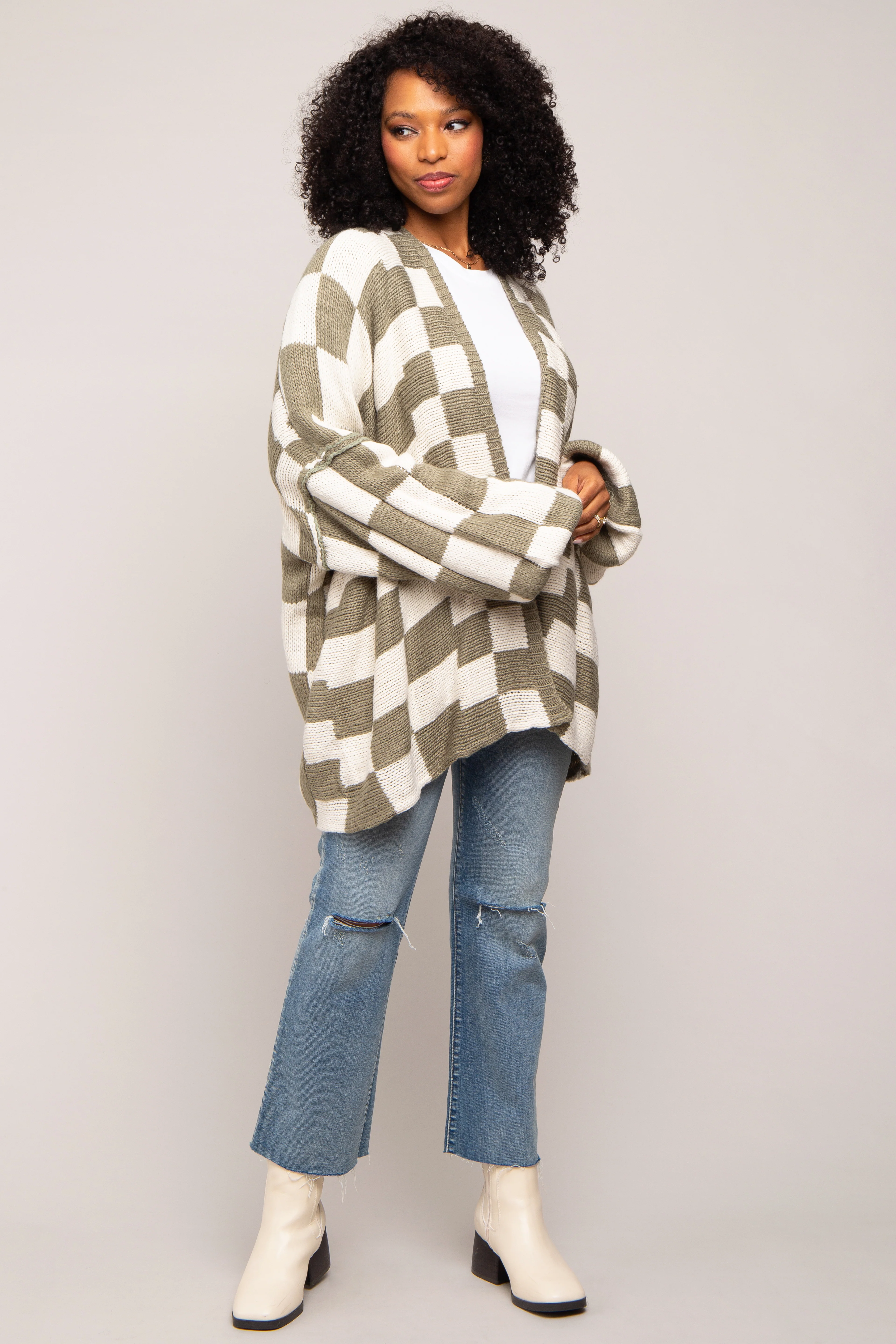 Olive Checkered Print Oversized Maternity Cardigan - Image 7