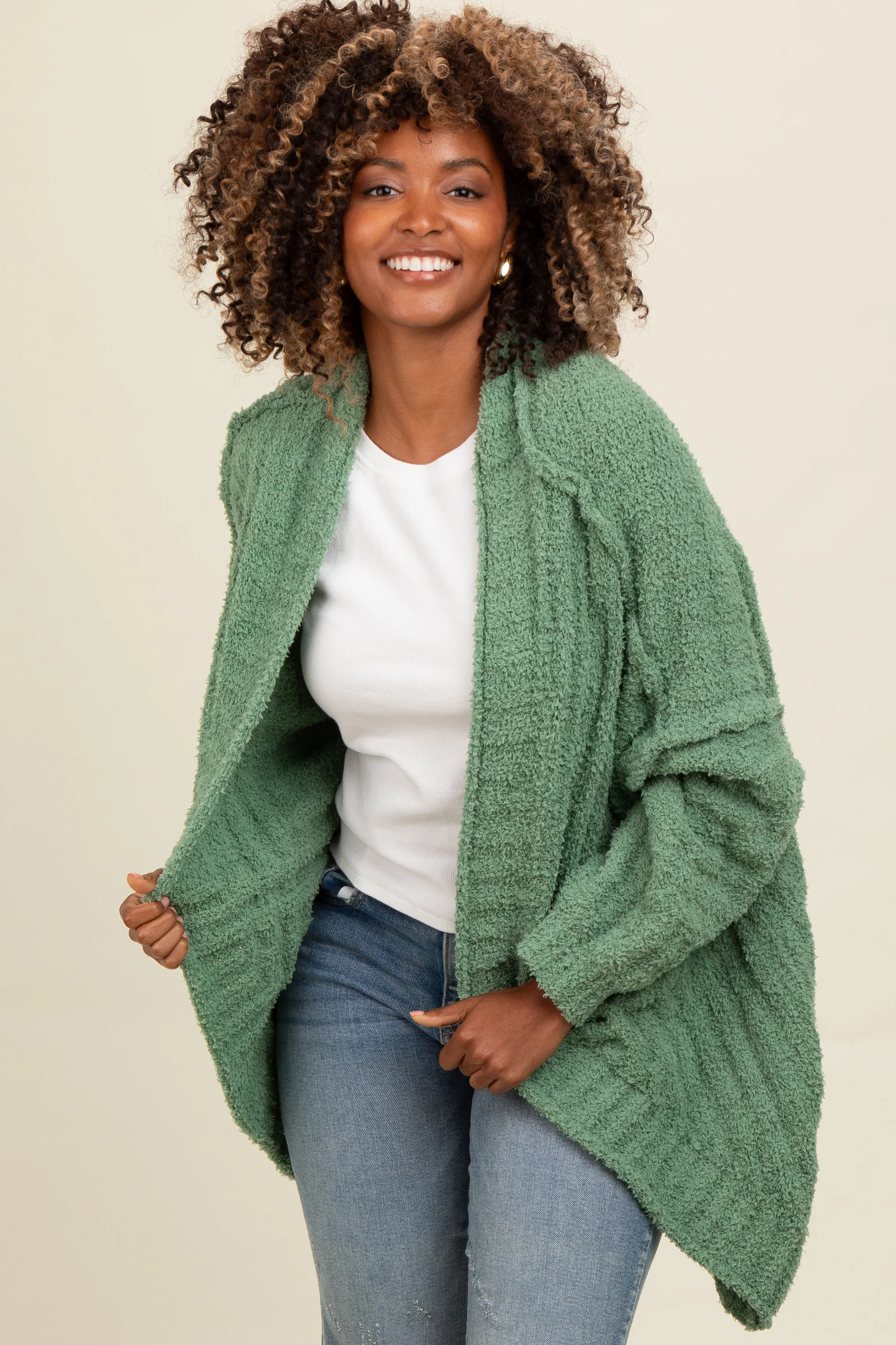 Olive Chunky Knit Dolman Cardigan - Image 2