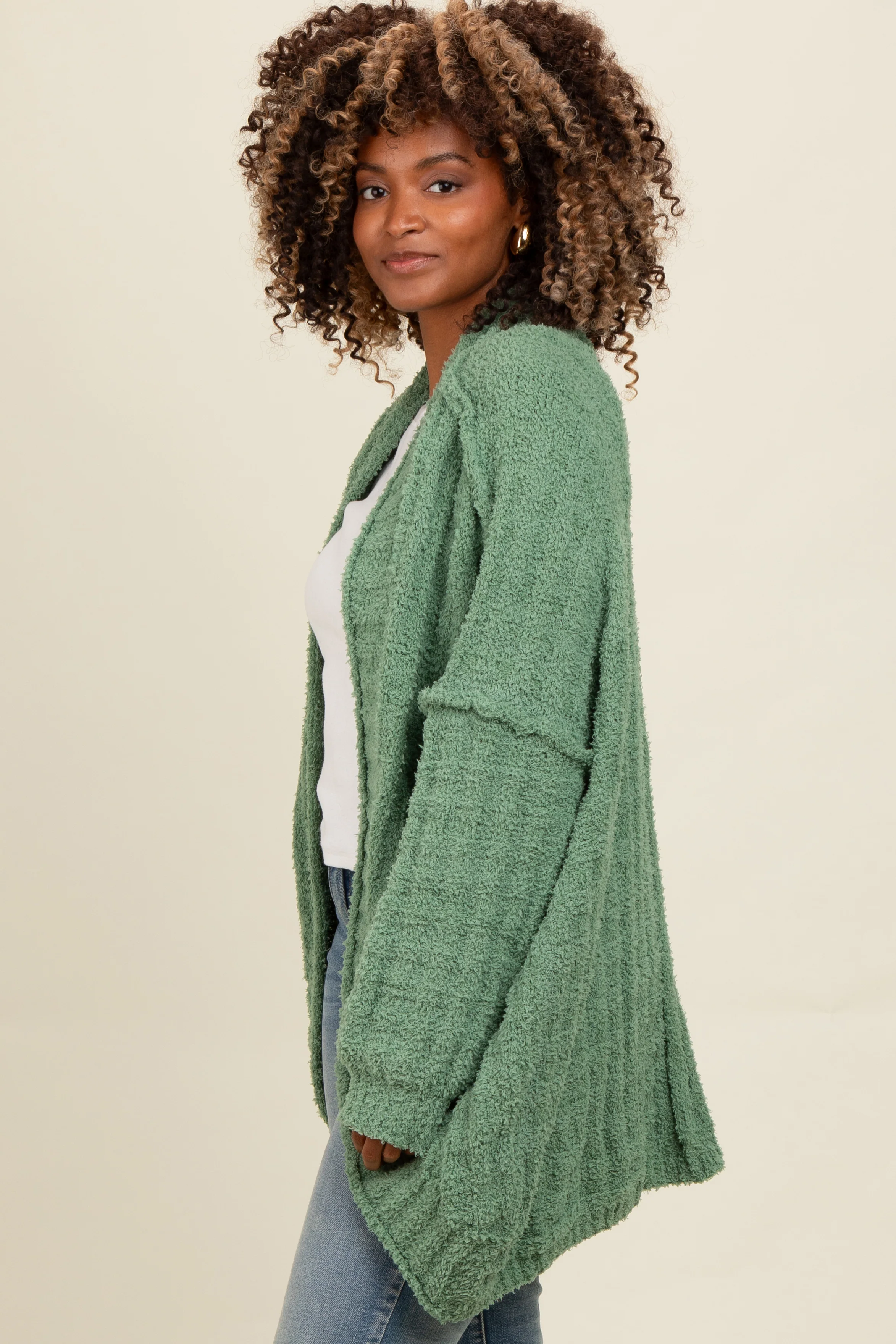 Olive Chunky Knit Dolman Cardigan - Image 3