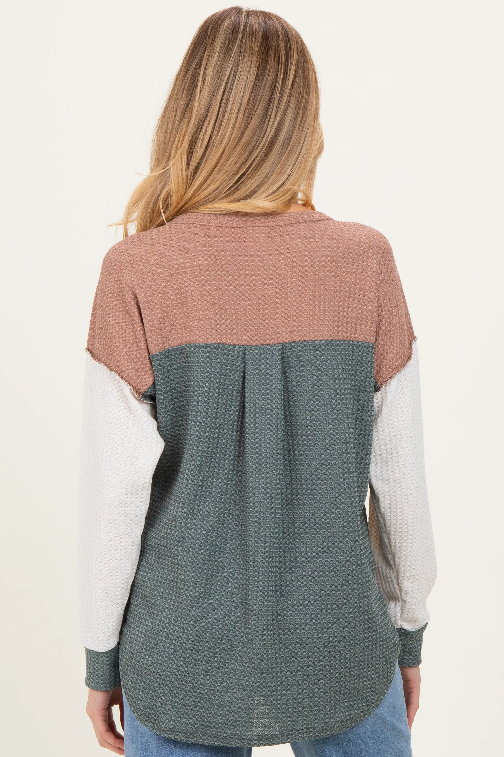 Olive Colorblock Relaxed Waffle Knit Maternity Henley - Image 4