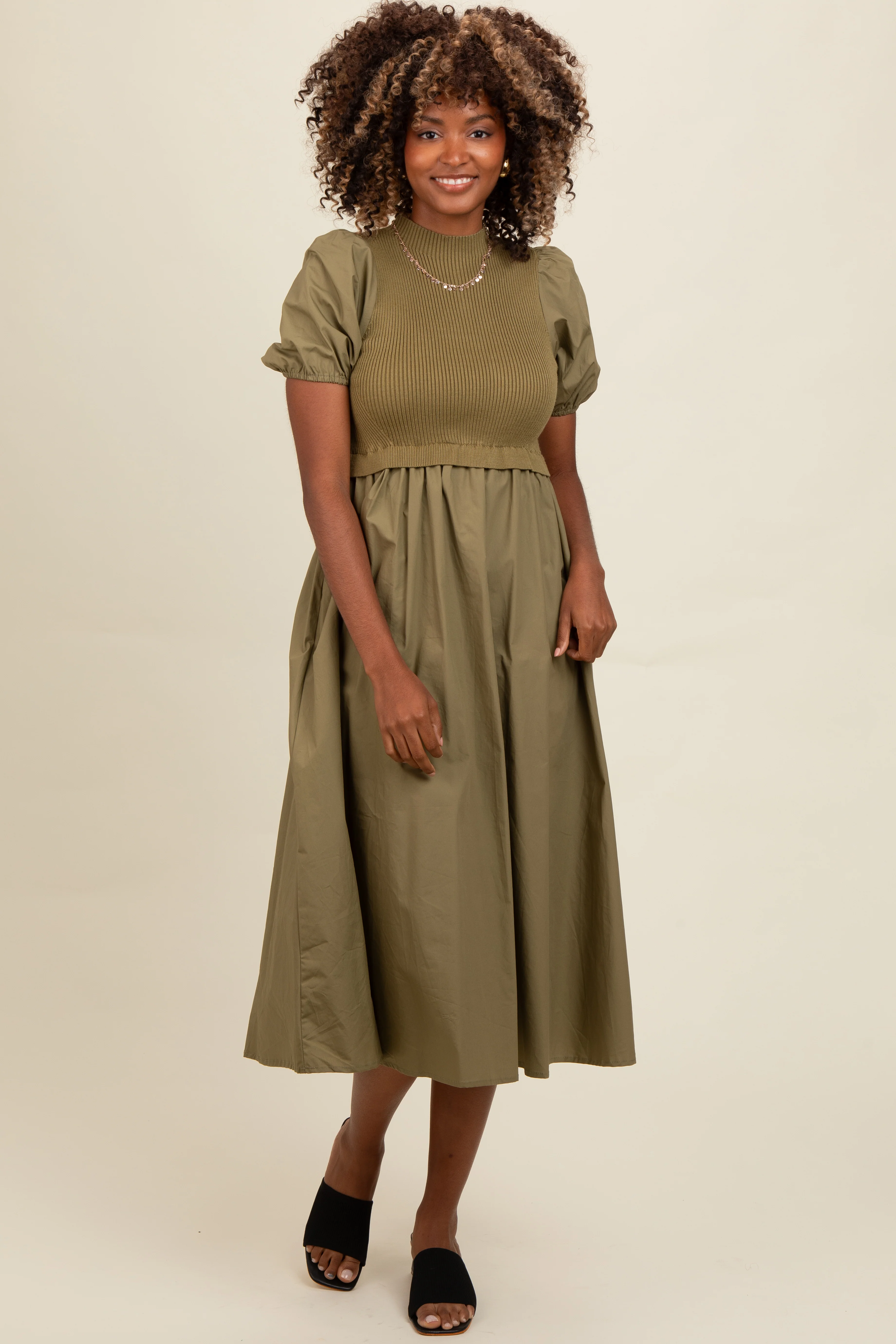 Olive Contrast Knit Bodice Maternity Midi Dress - Image 5