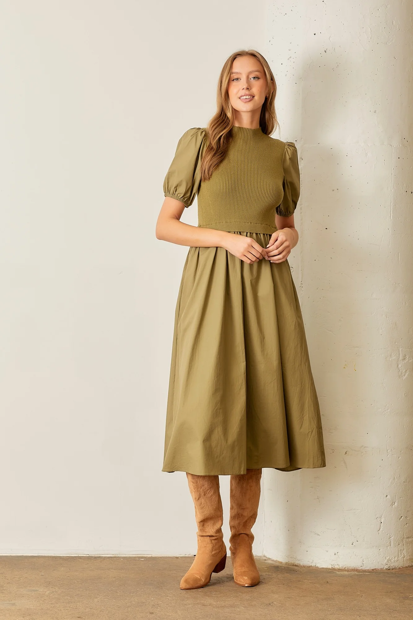 Olive Contrast Knit Bodice Midi Dress - Image 5