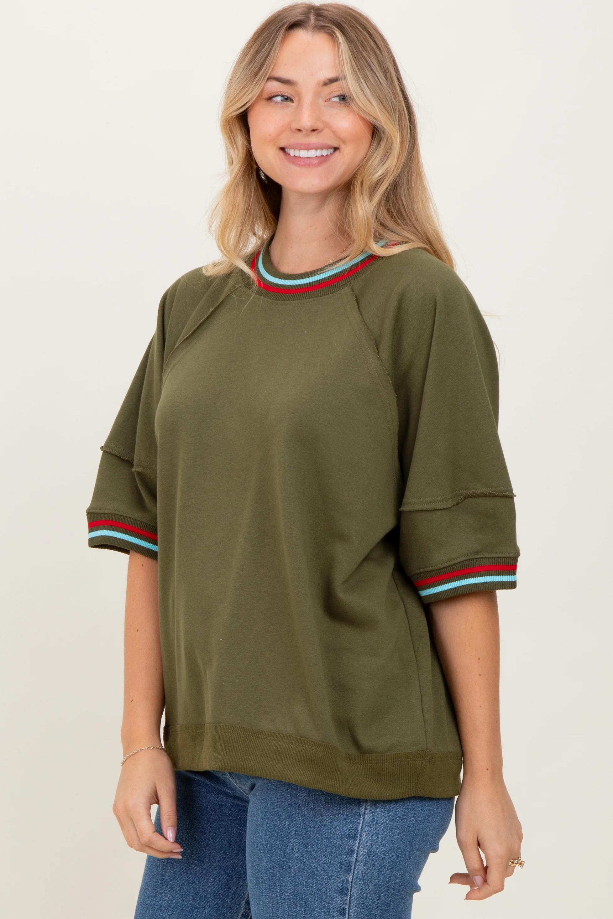 Olive Contrast Trim Short Sleeve Pullover - Image 3