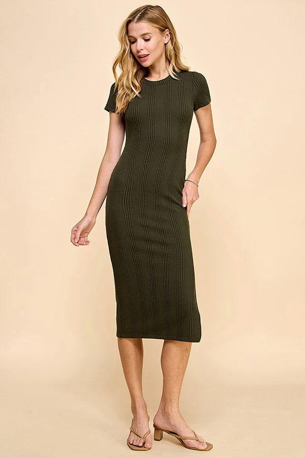 Olive Crew Neck Bubble Knit Ribbed Maternity Midi Dress - Image 4