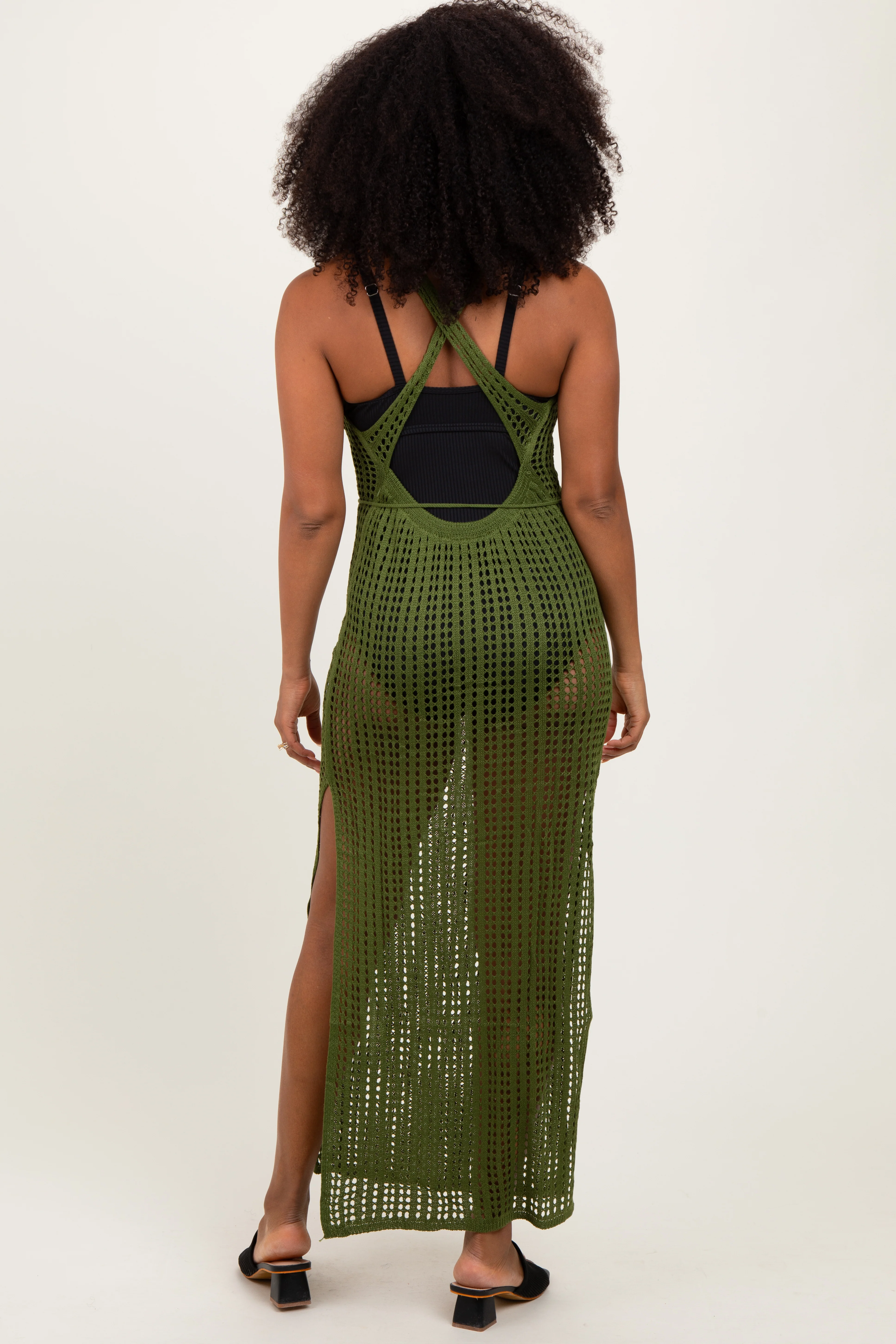 Olive Crochet V-Neck Side Slit Cover Up - Image 4