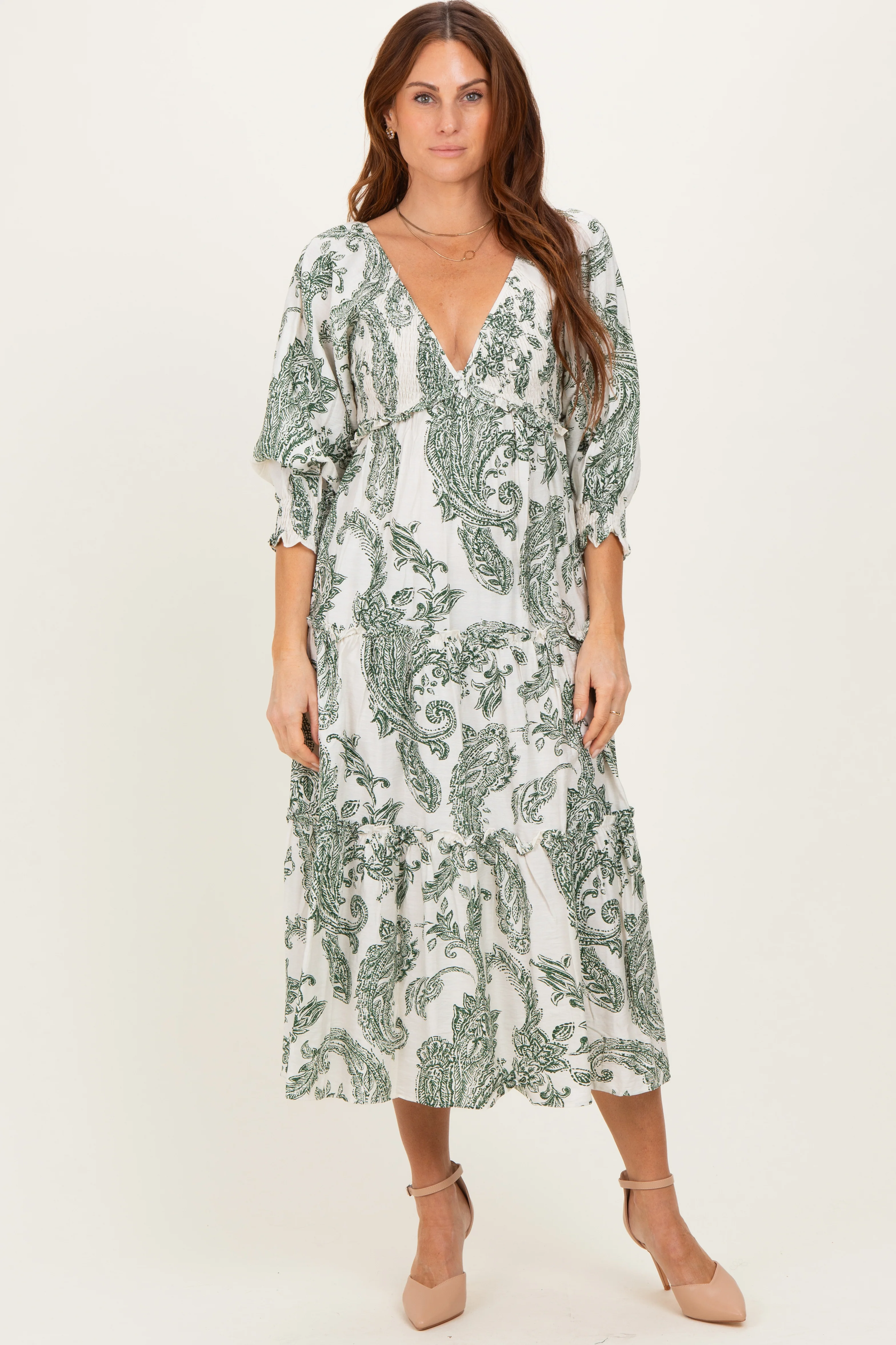 Olive Damask Smocked Ruffle Tier Maternity Midi Dresses - Image 5