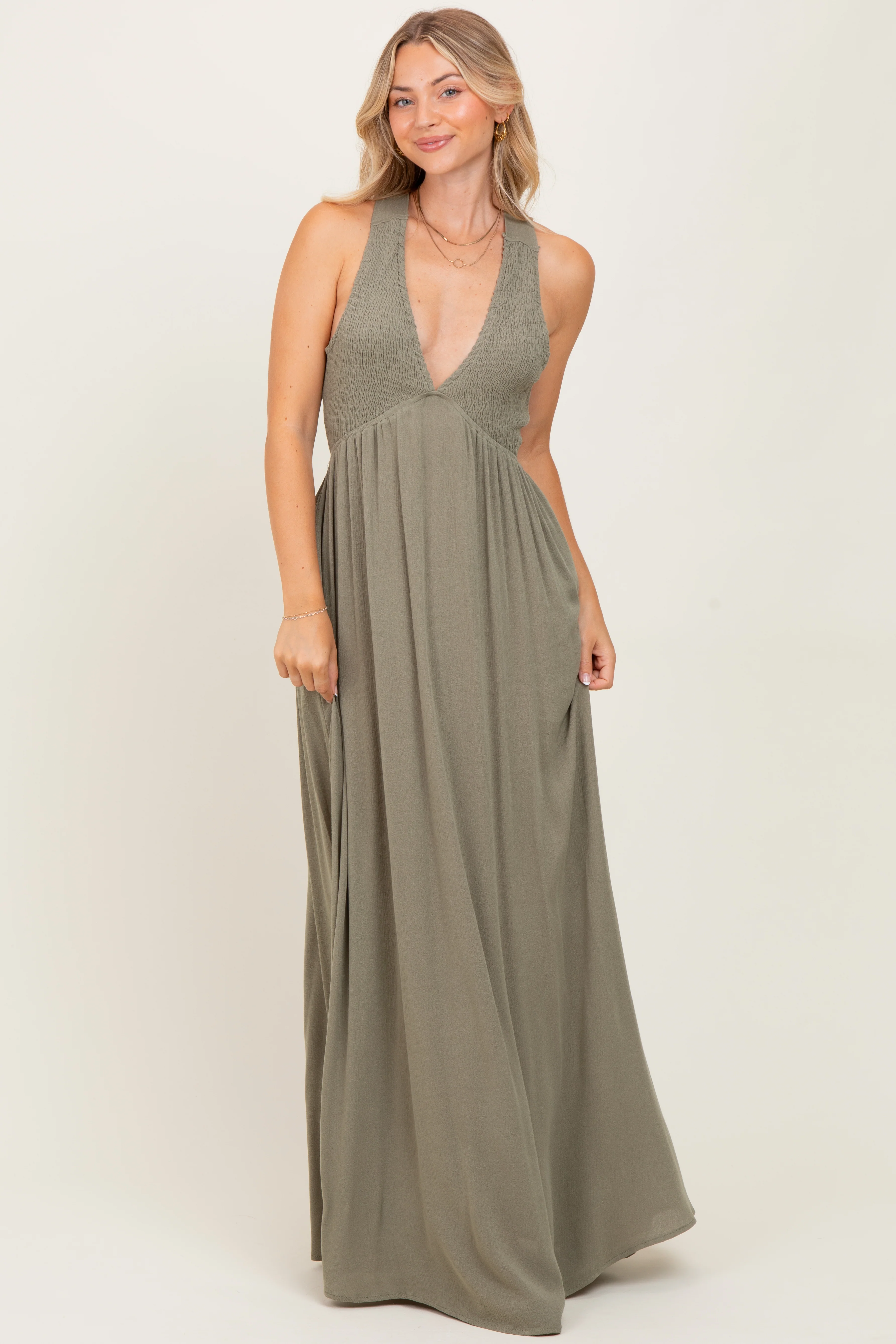 Olive Deep V-Neck Cross Back Maxi Dress