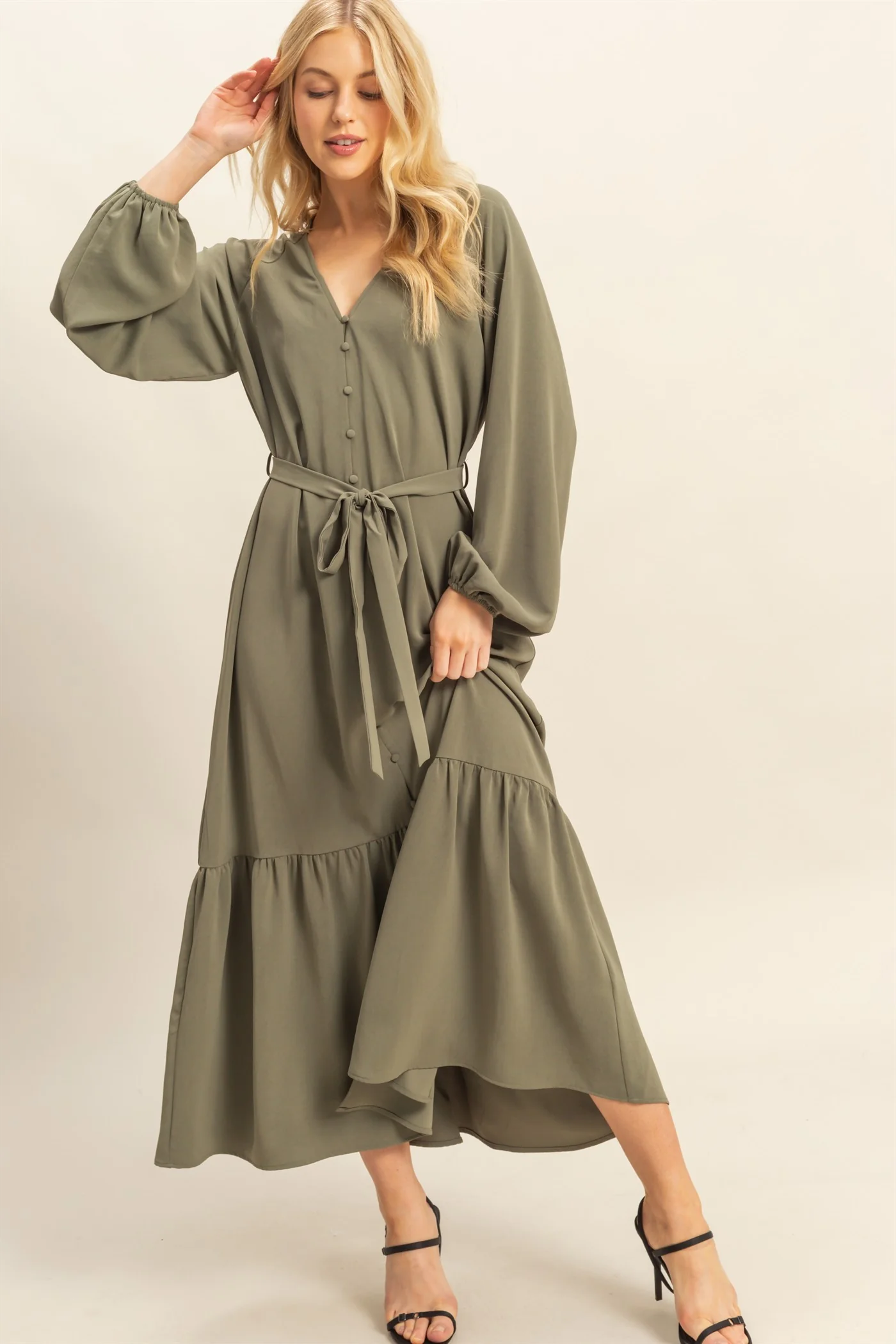Olive Elegant Long Sleeve Waist Tie Maternity Midi Dress - Image 4