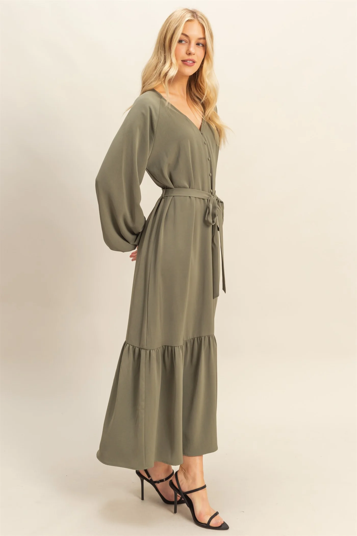 Olive Elegant Long Sleeve Waist Tie Midi Dress - Image 2