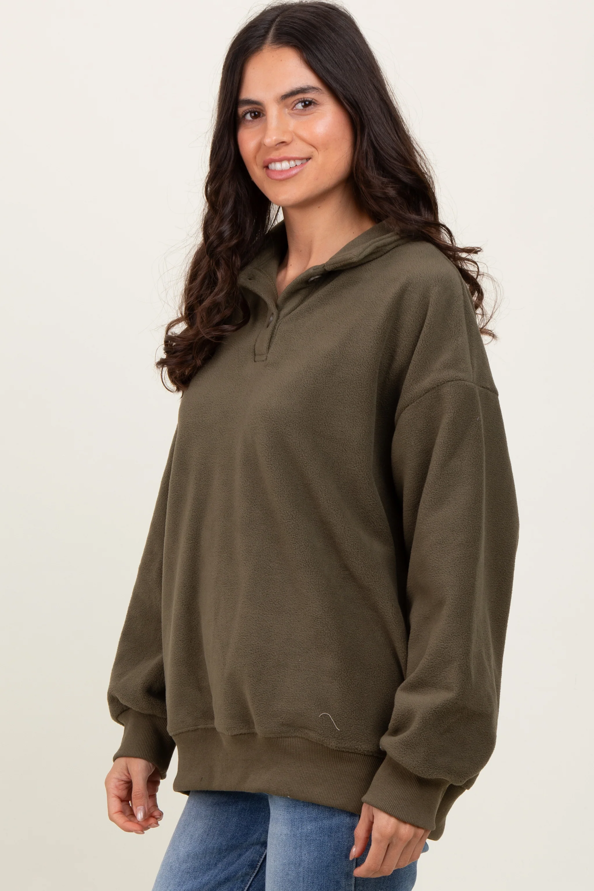 Olive Fleece Collared Button Up Pullover - Image 3
