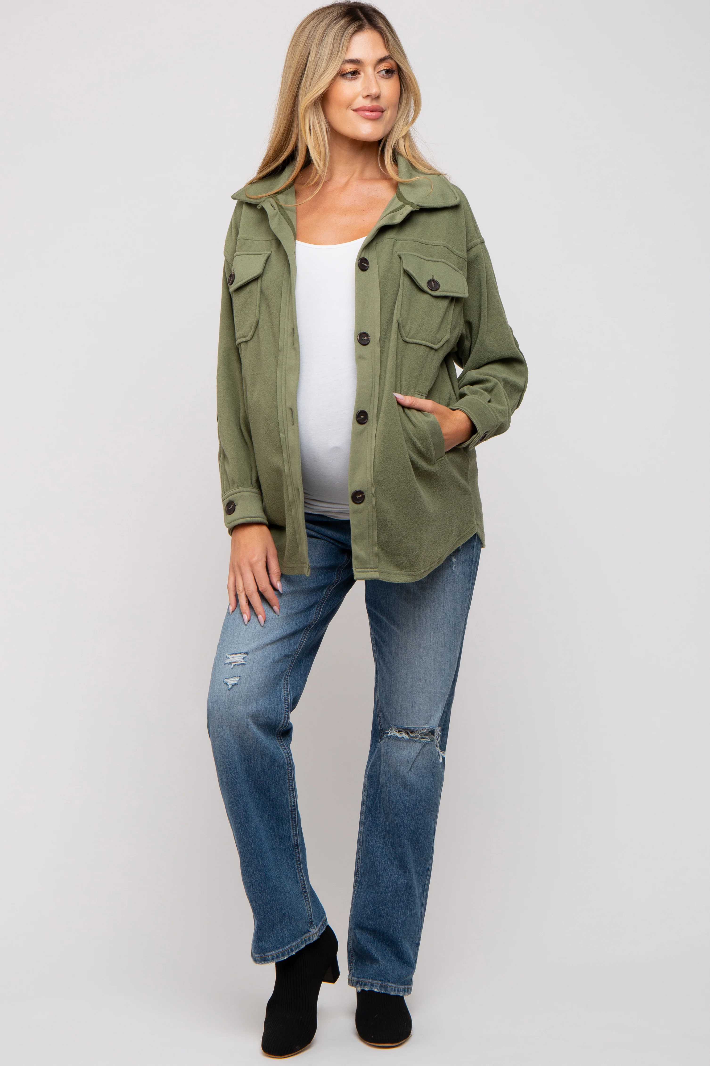 Olive Fleece Double Front Pocket Maternity Jacket - Image 5