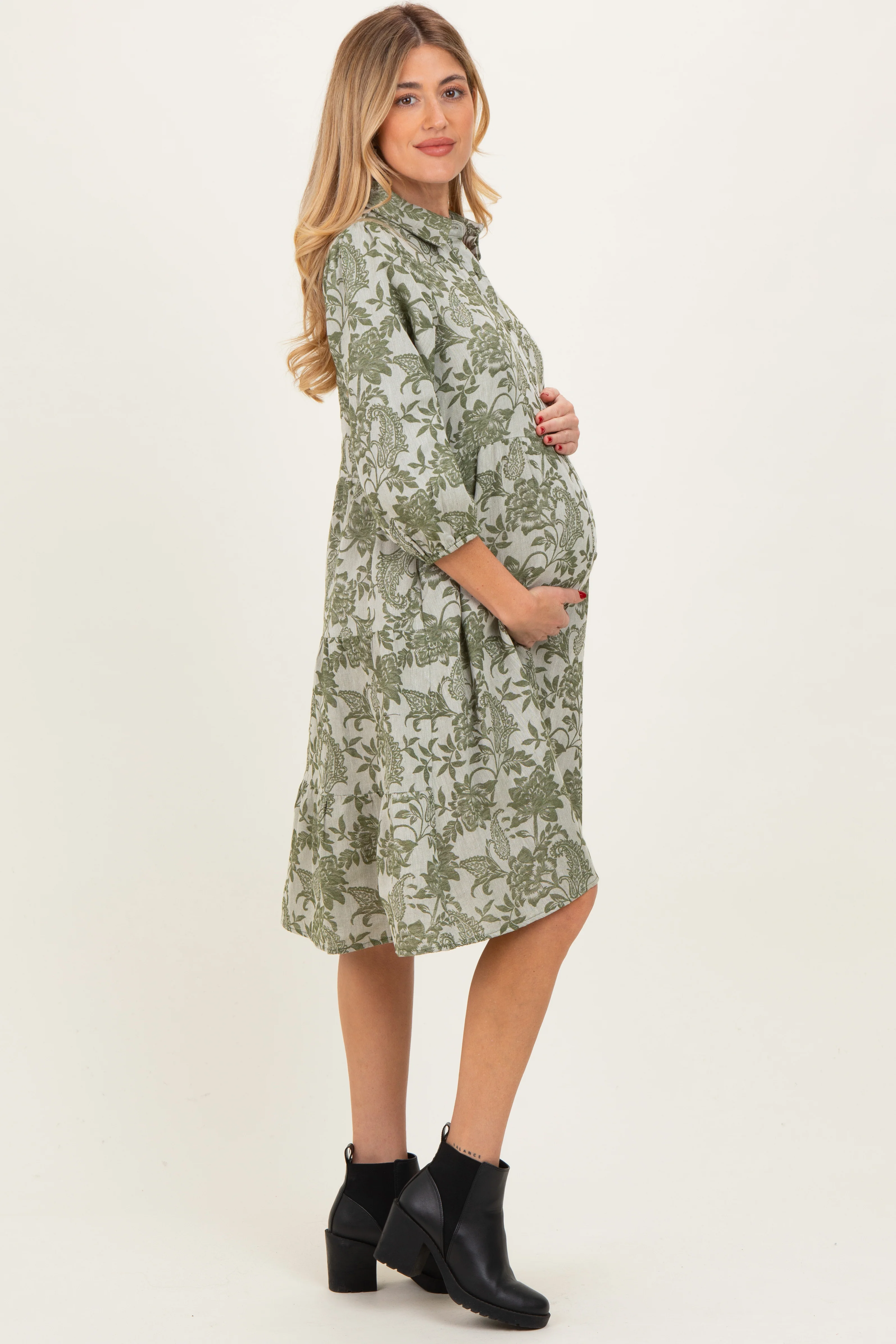 Olive Floral Button Down 3/4 Sleeve Maternity Midi Dress - Image 3