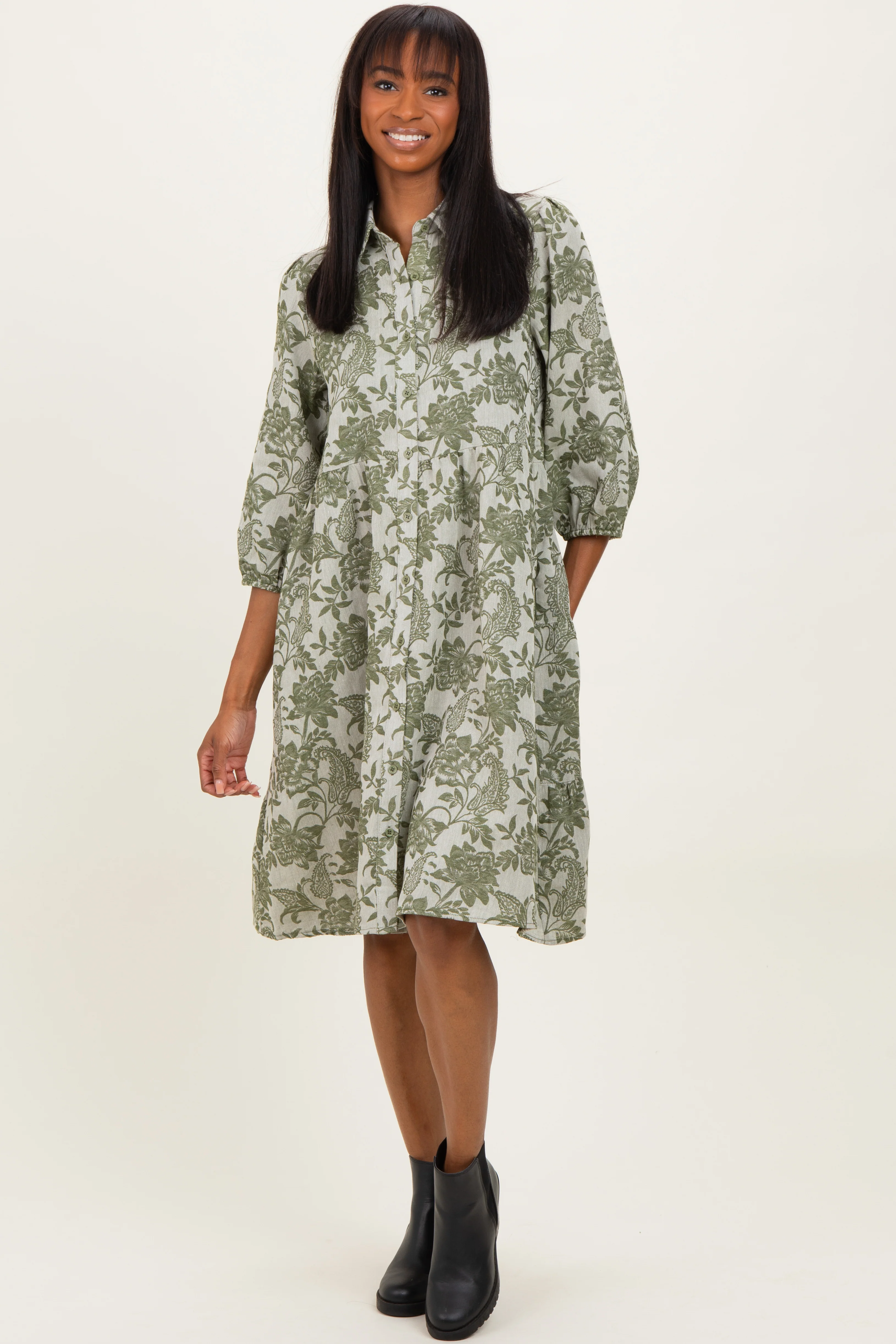 Olive Floral Button Down 3/4 Sleeve Maternity Midi Dress - Image 5