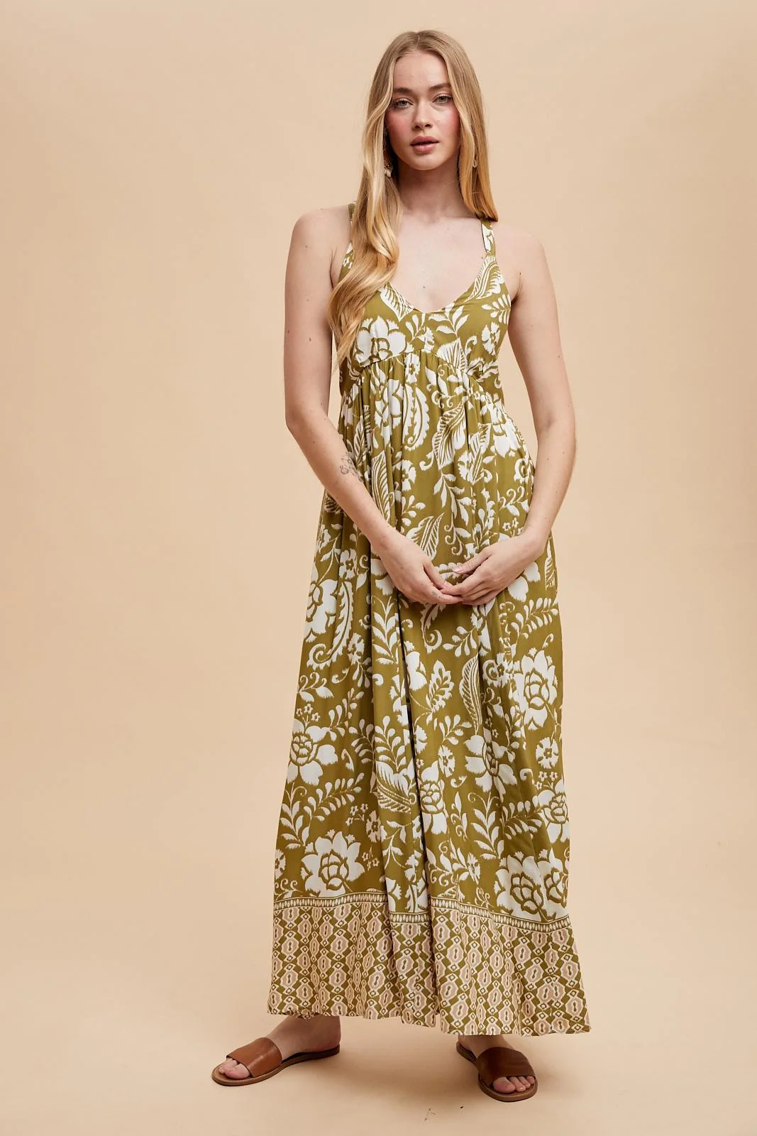 Olive Floral Crisscross Back Cutout Maternity Maxi Dress - Image 4