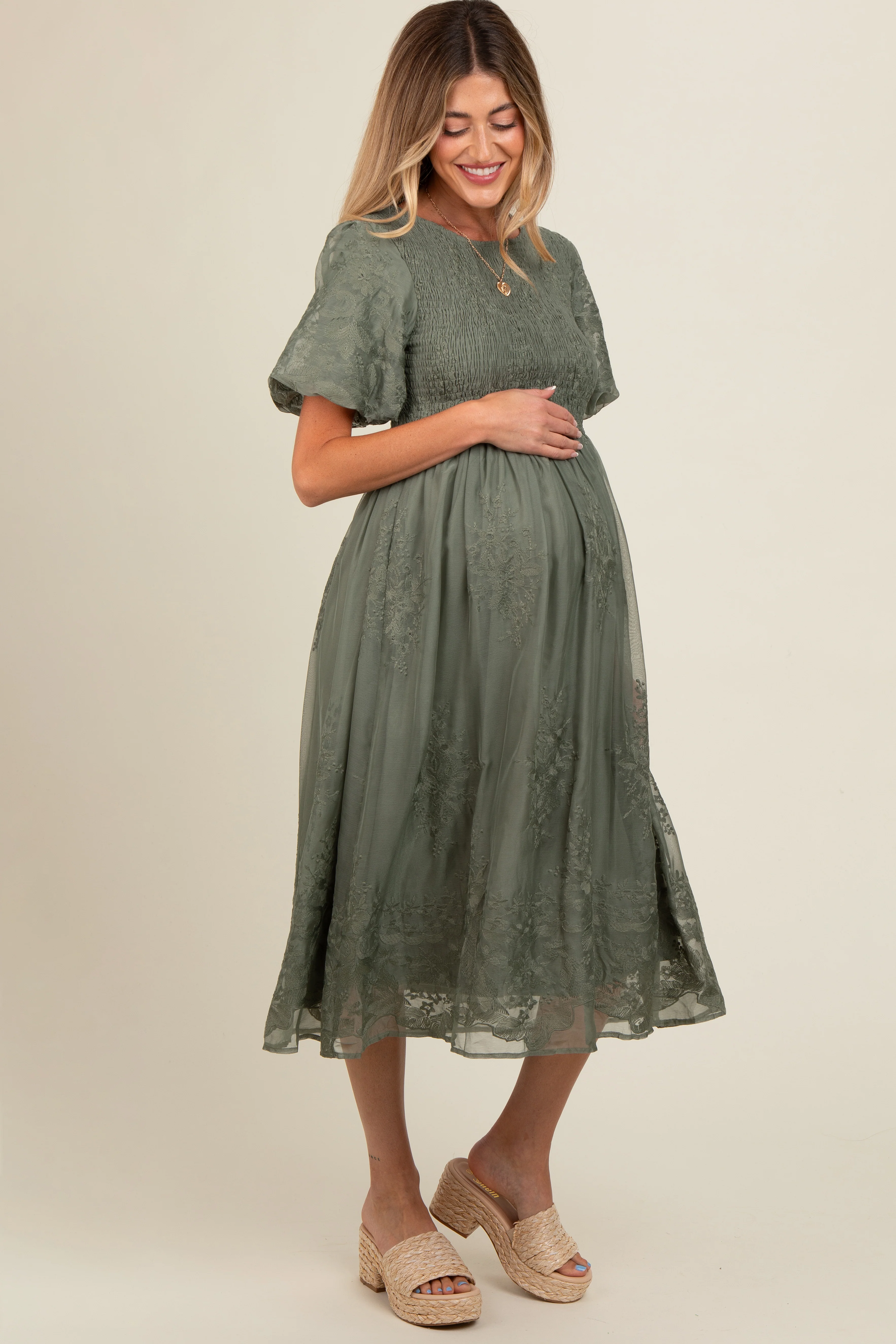 Olive Floral Lace Smocked Maternity Midi Dress - Image 3