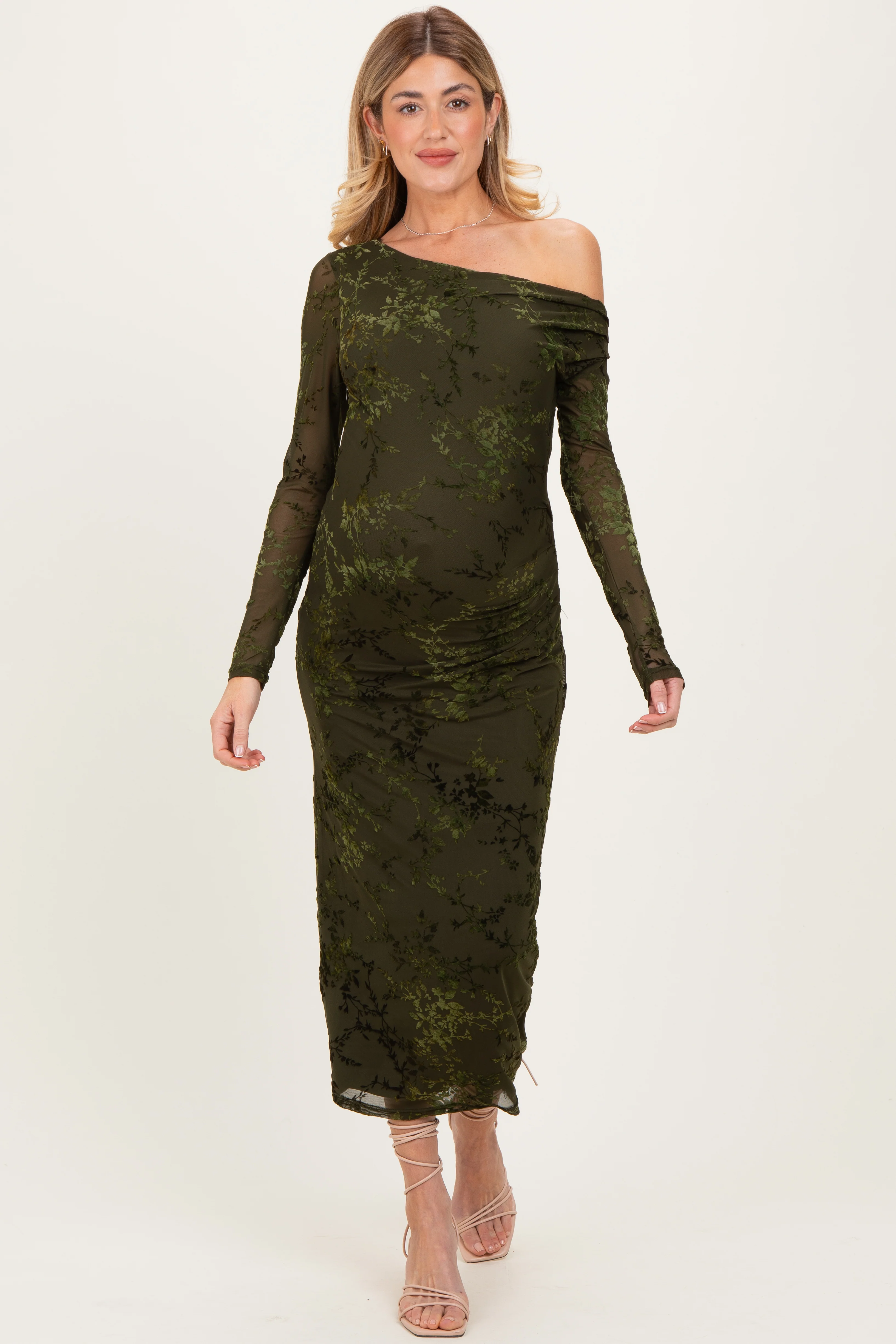 Olive Floral Mesh Overlay One Shoulder Maternity Dress - Image 3