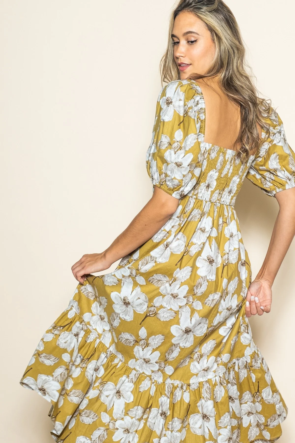 Olive Floral Pleated Bodice Midi Dress - Image 3