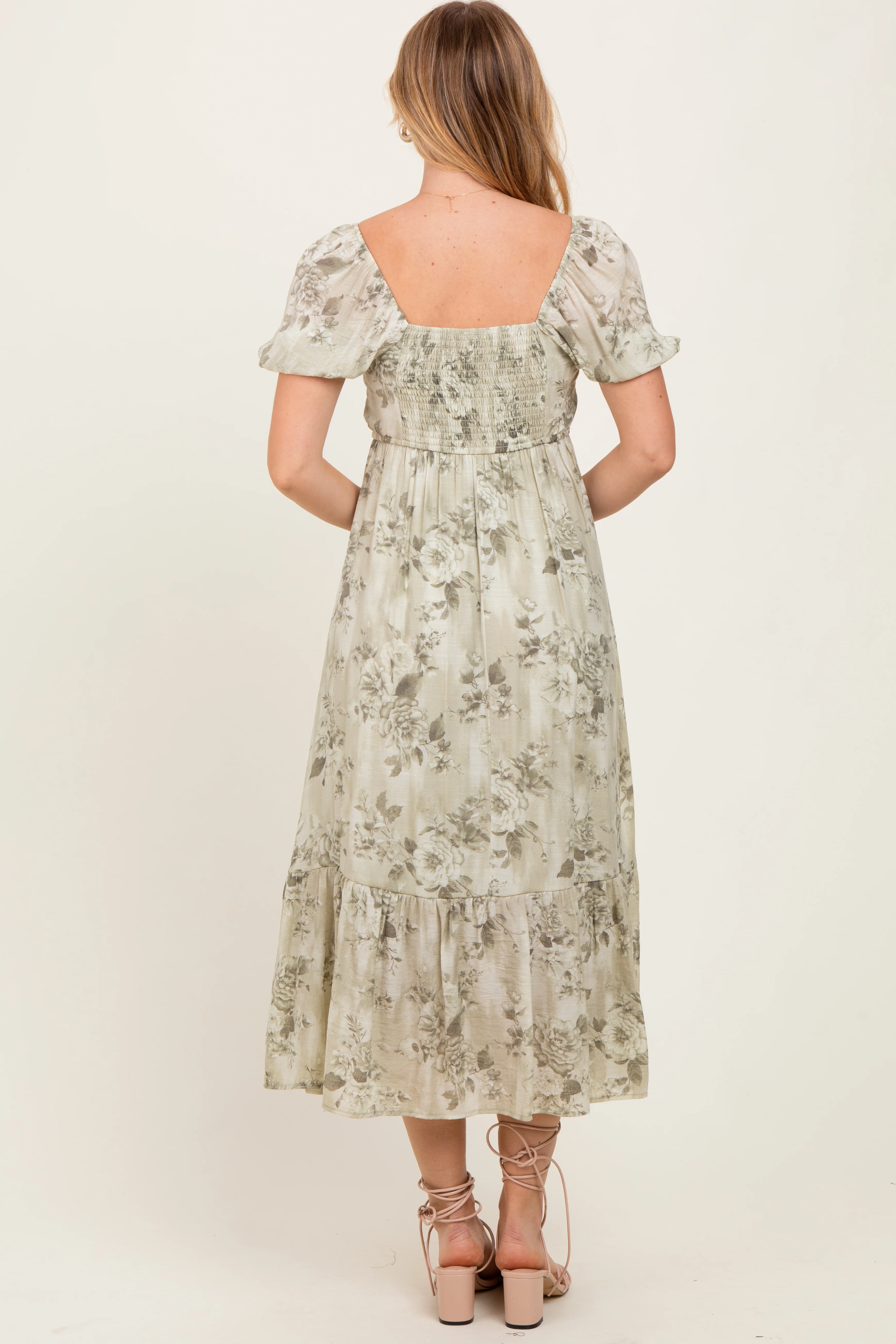 Olive Floral Pleated Bust Puff Sleeve Midi Dress - Image 4