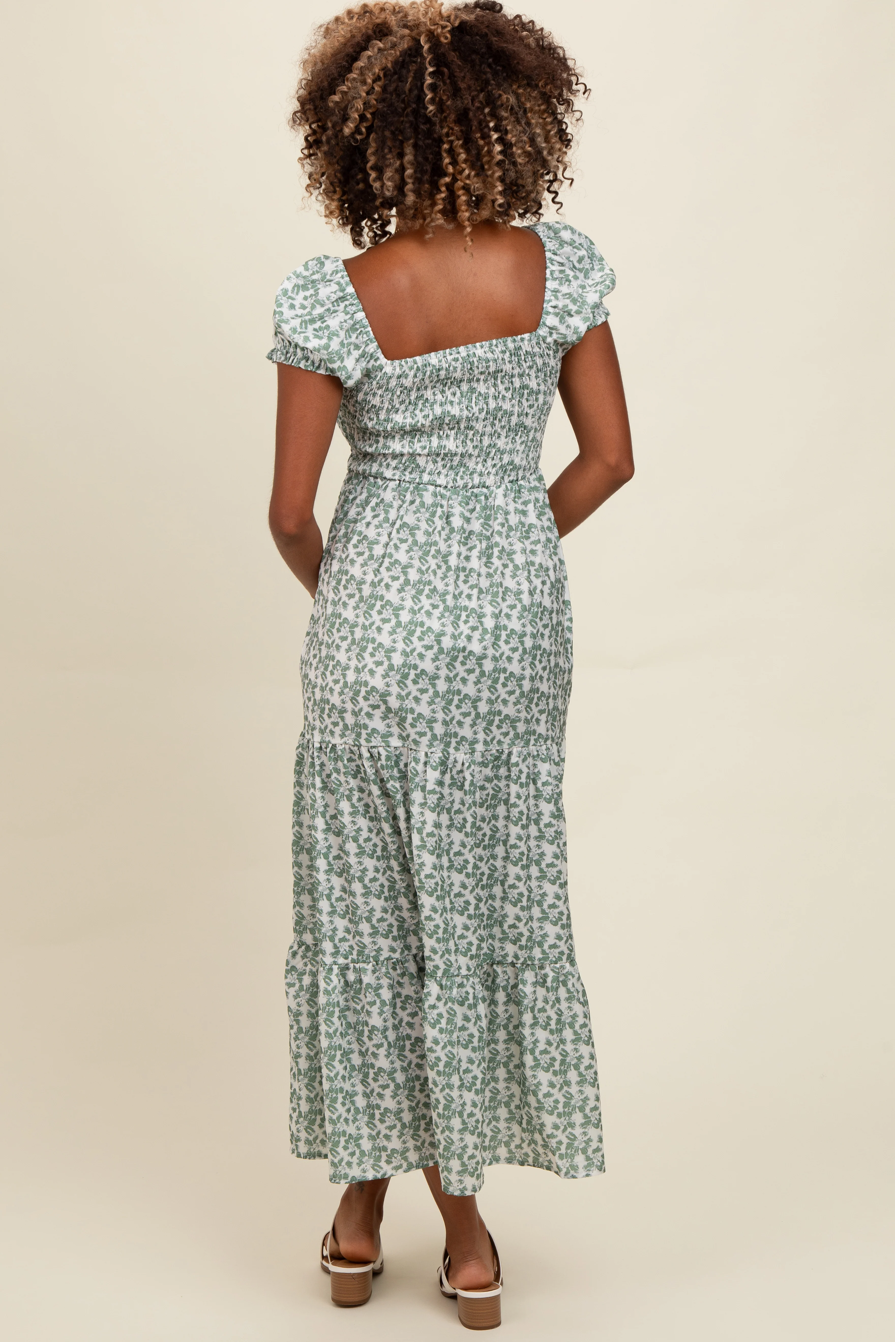 Olive Floral Puff Sleeve Smocked Maxi Dress - Image 3