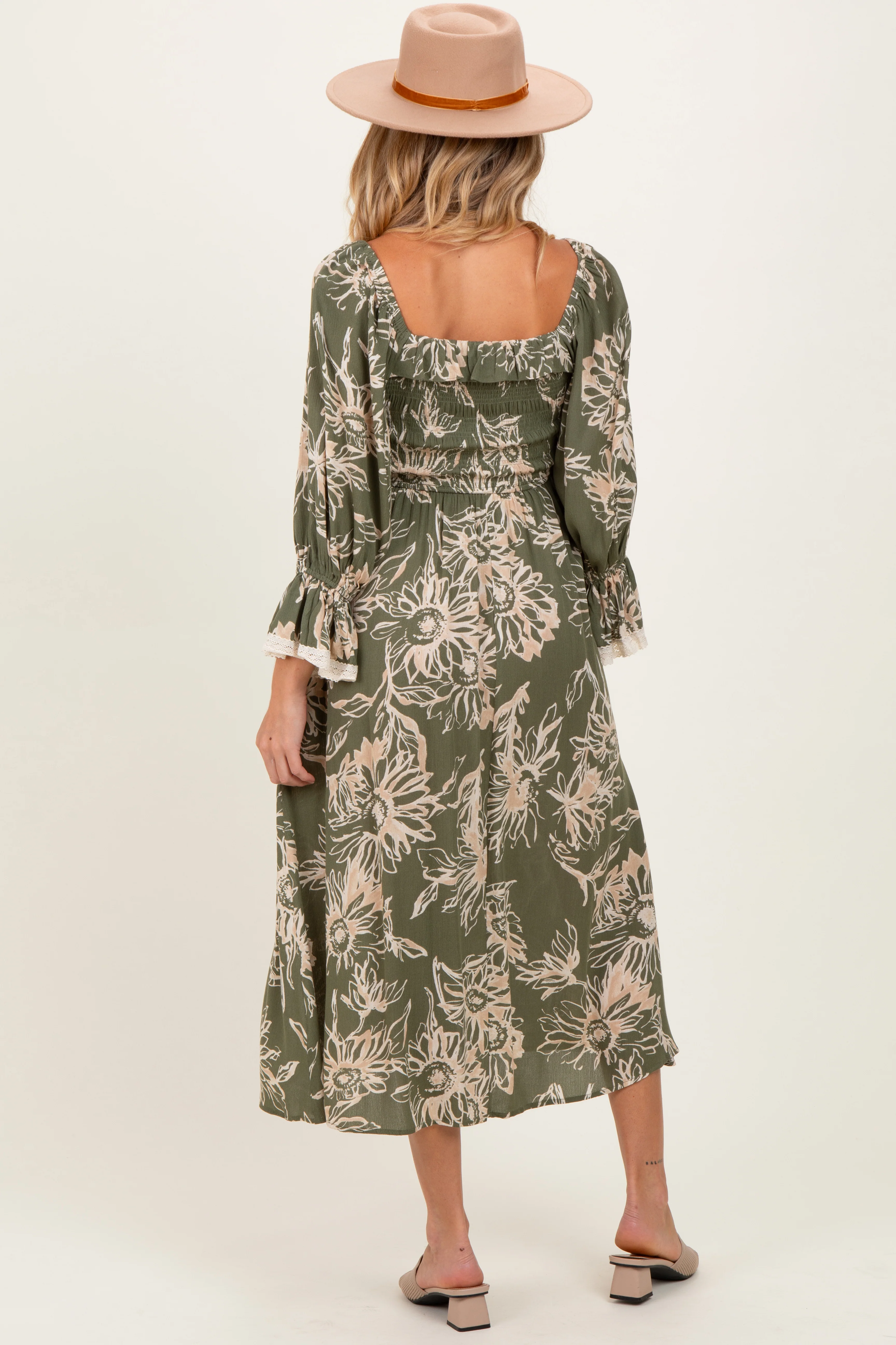 Olive Floral Smocked 3/4 Sleeve Maternity Midi Dress - Image 4