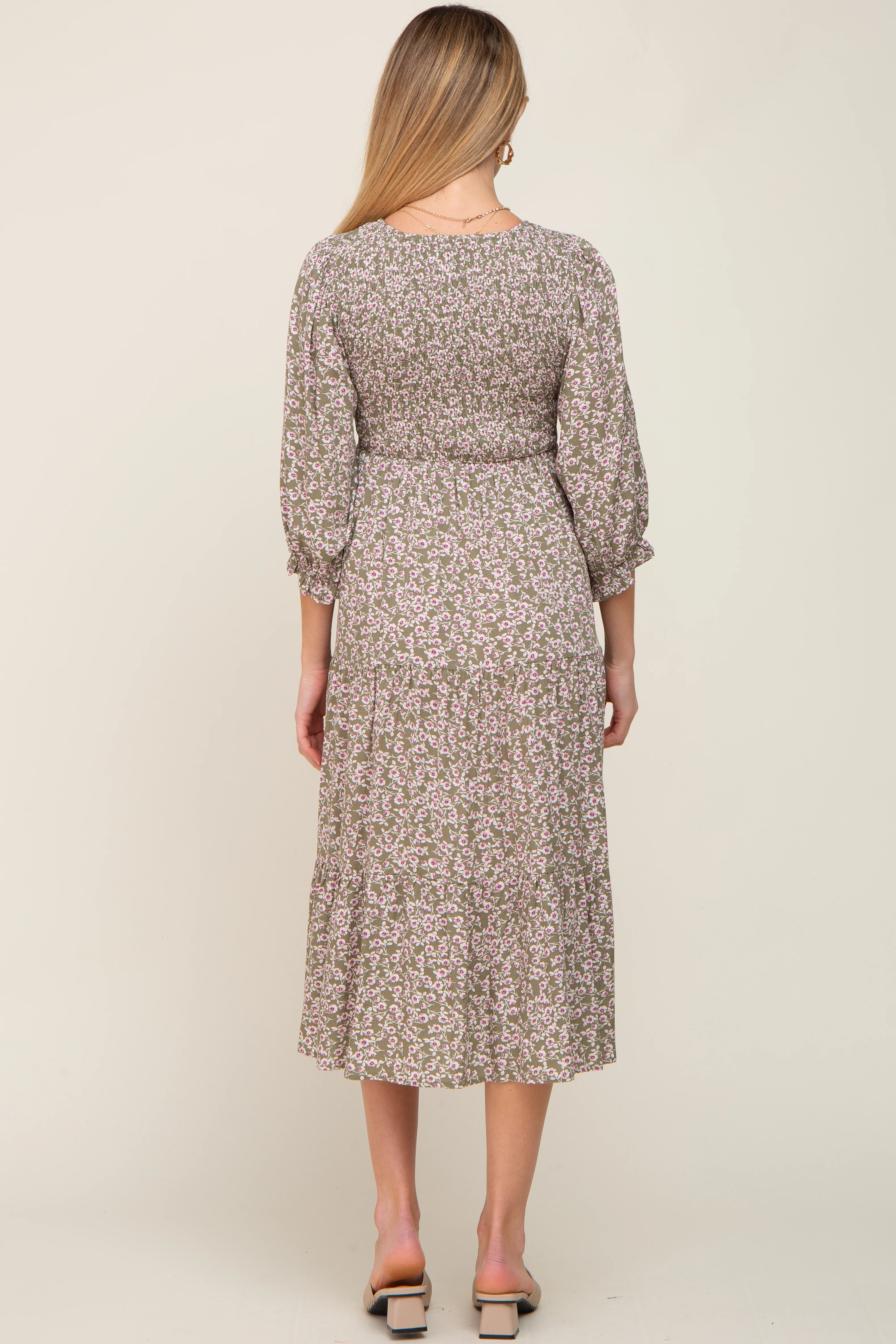 Olive Floral Smocked 3/4 Sleeve Maternity Midi Dress - Image 3