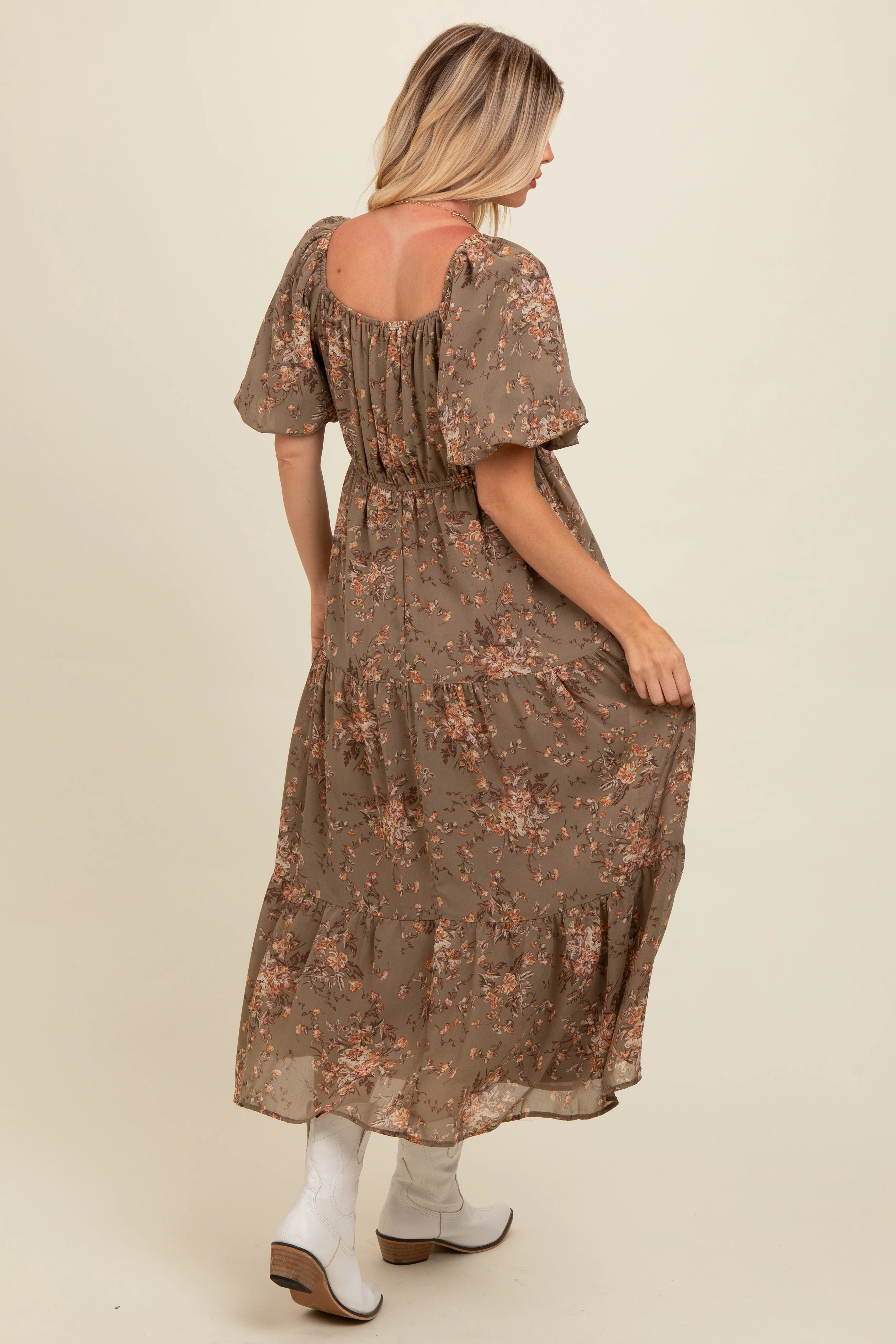 Olive Floral Tiered Puff Sleeve Maxi Dress - Image 4