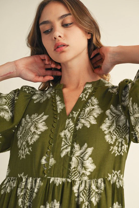 Olive Floral V-Neck 3/4 Sleeve Midi Dress - Image 3