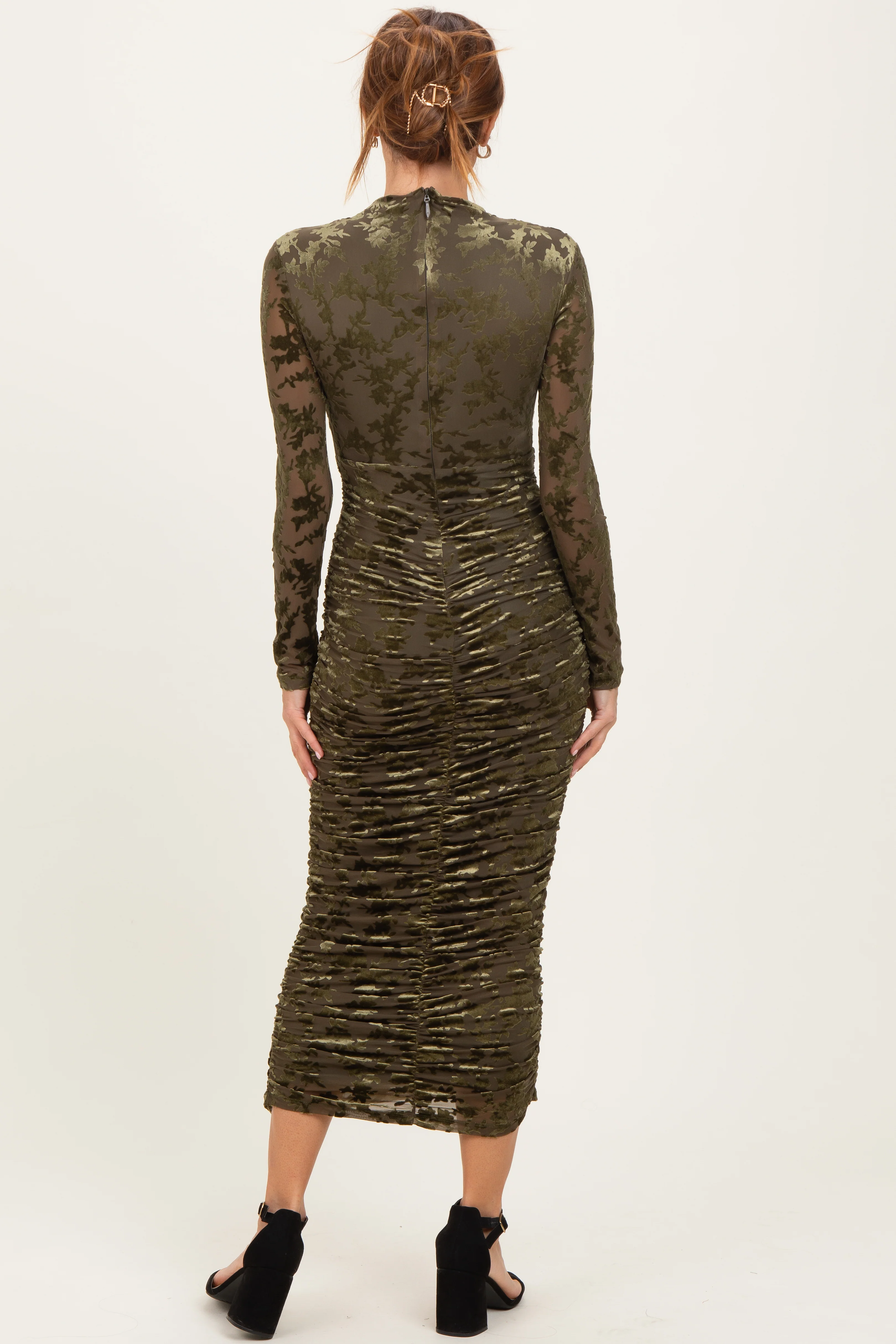 Olive Floral Velvet Mesh Ruched Midi Dress - Image 4