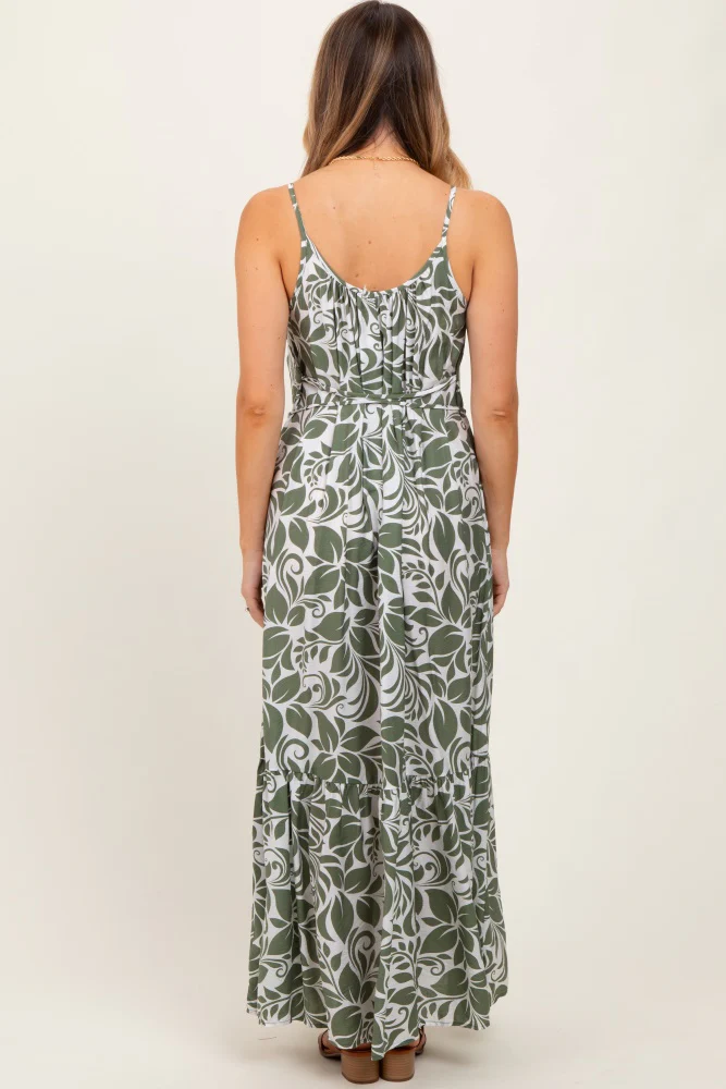 Olive Floral Waist Tie Maxi Dress - Image 4
