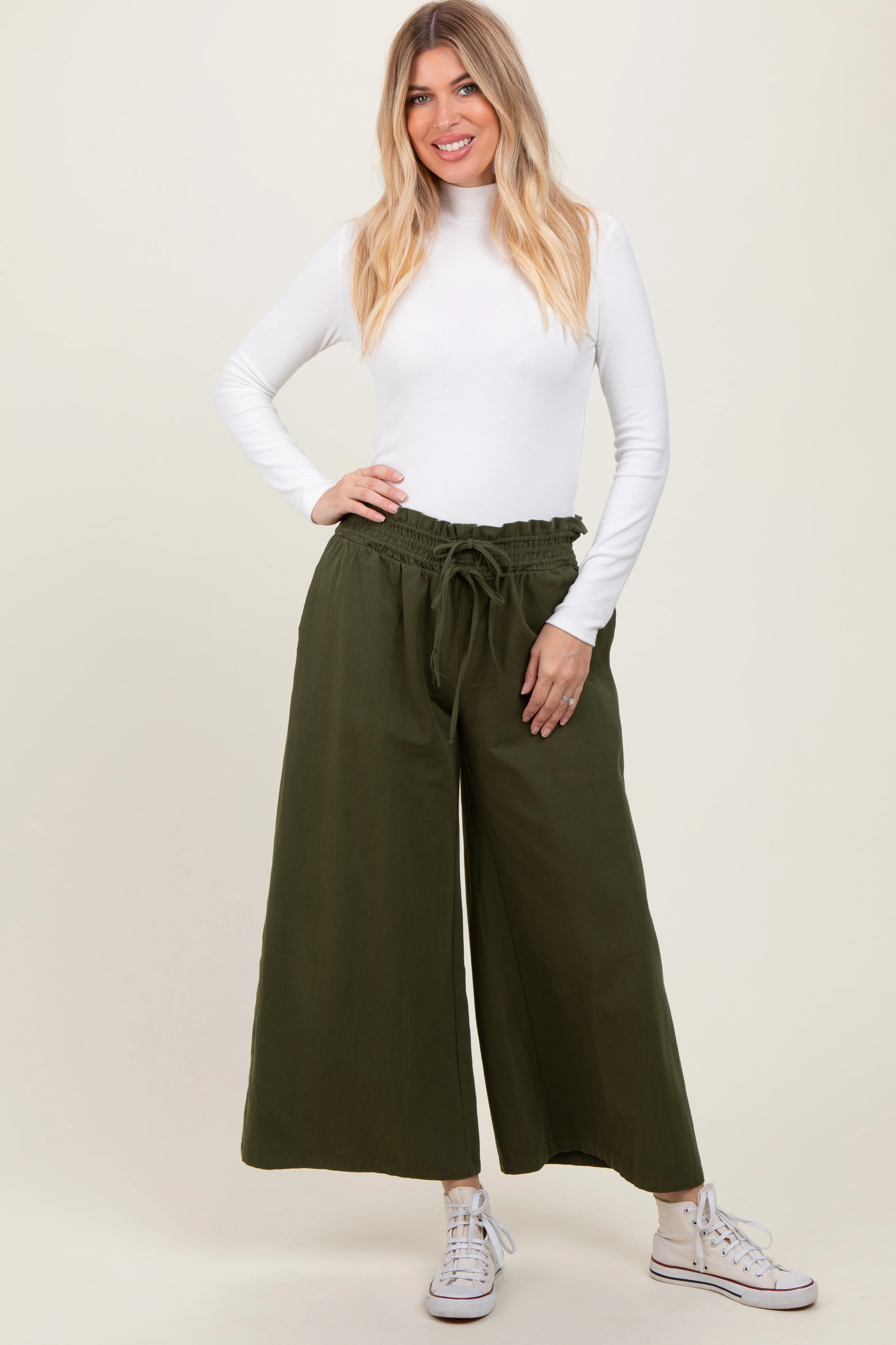 Olive Flowy Cropped Maternity Pant - Image 6
