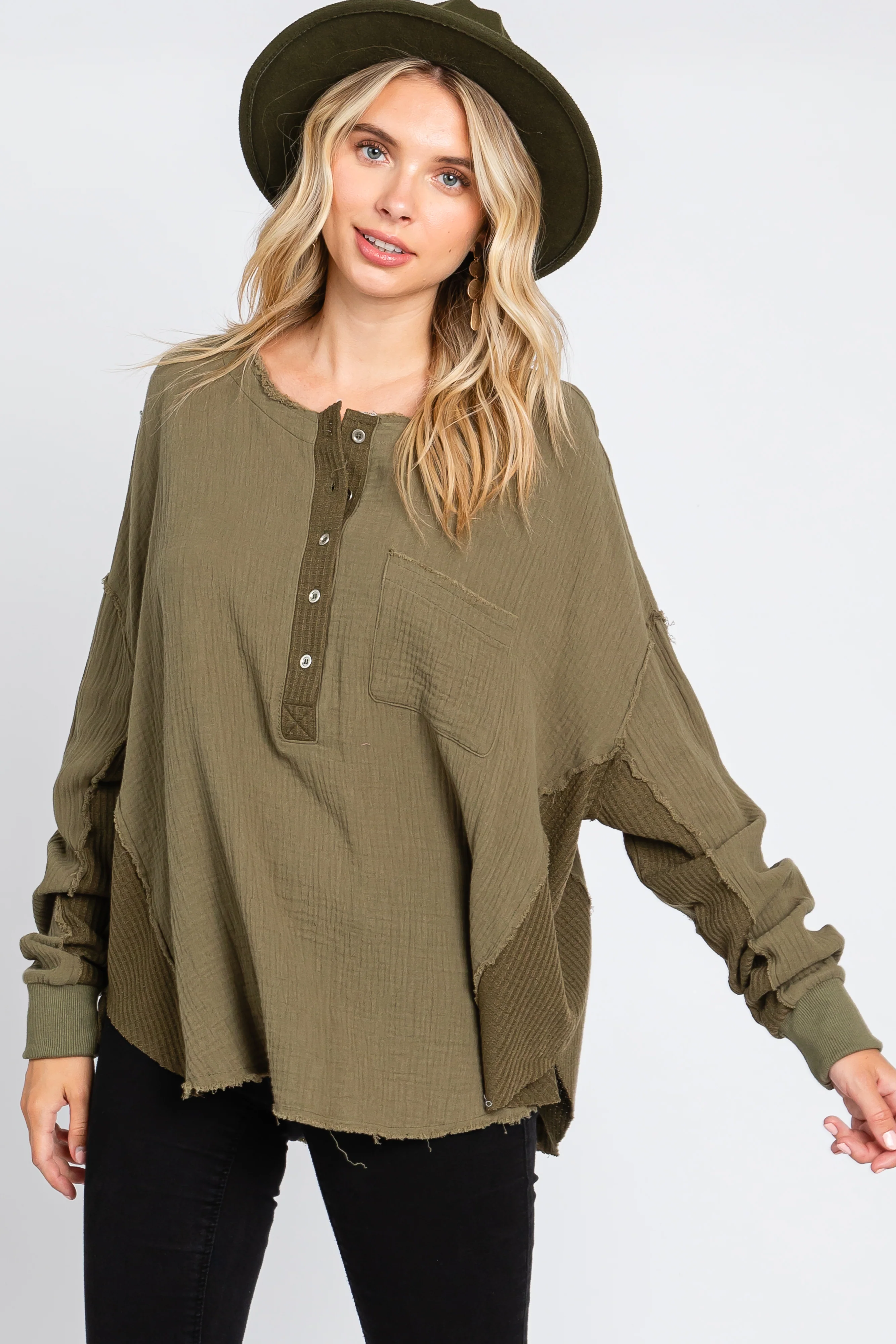 Olive Front Button Drop Shoulder Long Sleeve Maternity Top - Image 4