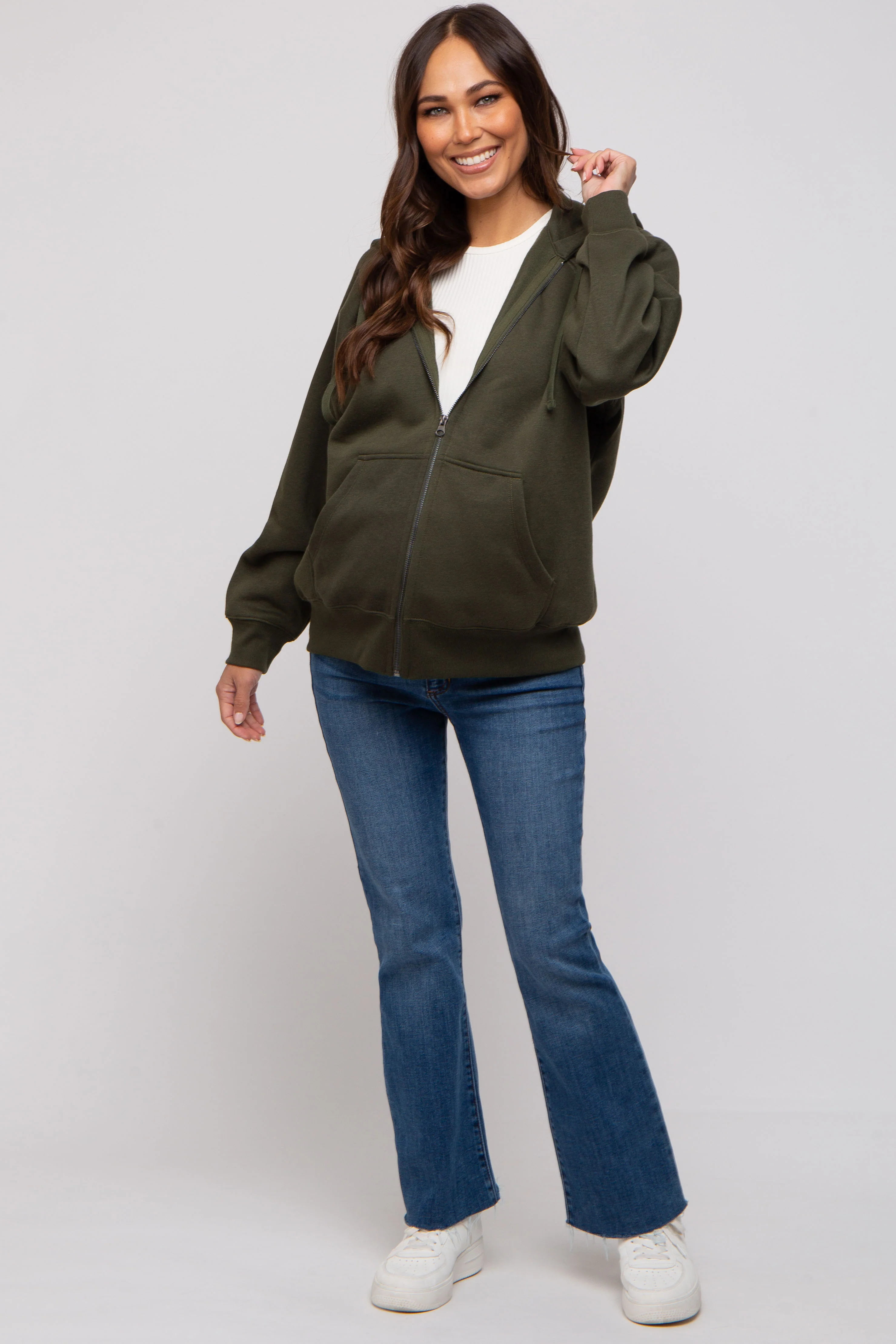 Olive Front Zipper Hooded Maternity Sweater - Image 4